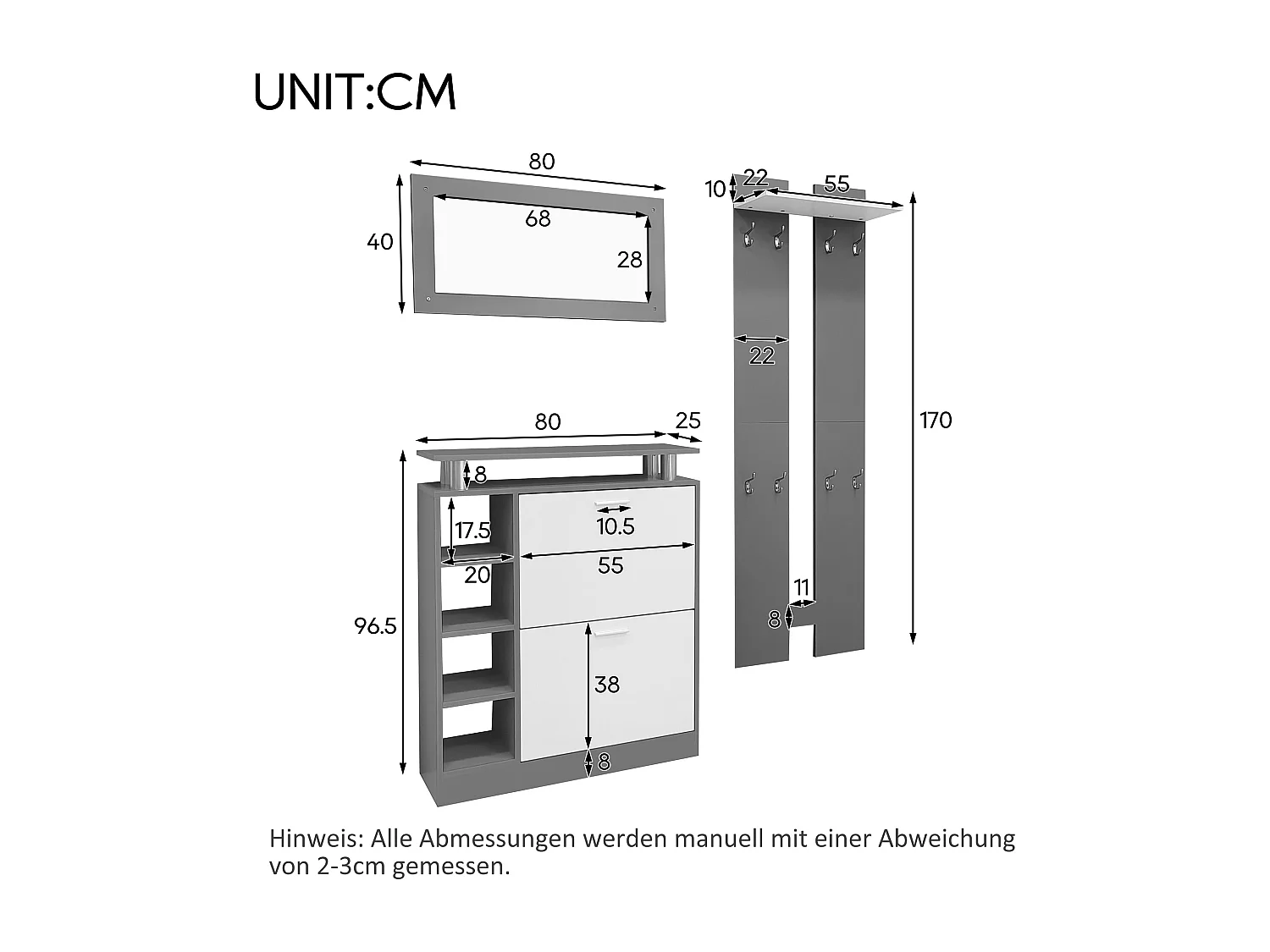 Ensemble penderie ,meuble à chaussures avec miroir et 2 panneaux latéraux, gris anthracite mat