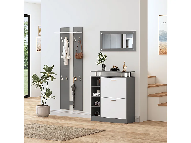 Ensemble penderie ,meuble à chaussures avec miroir et 2 panneaux latéraux, gris anthracite mat