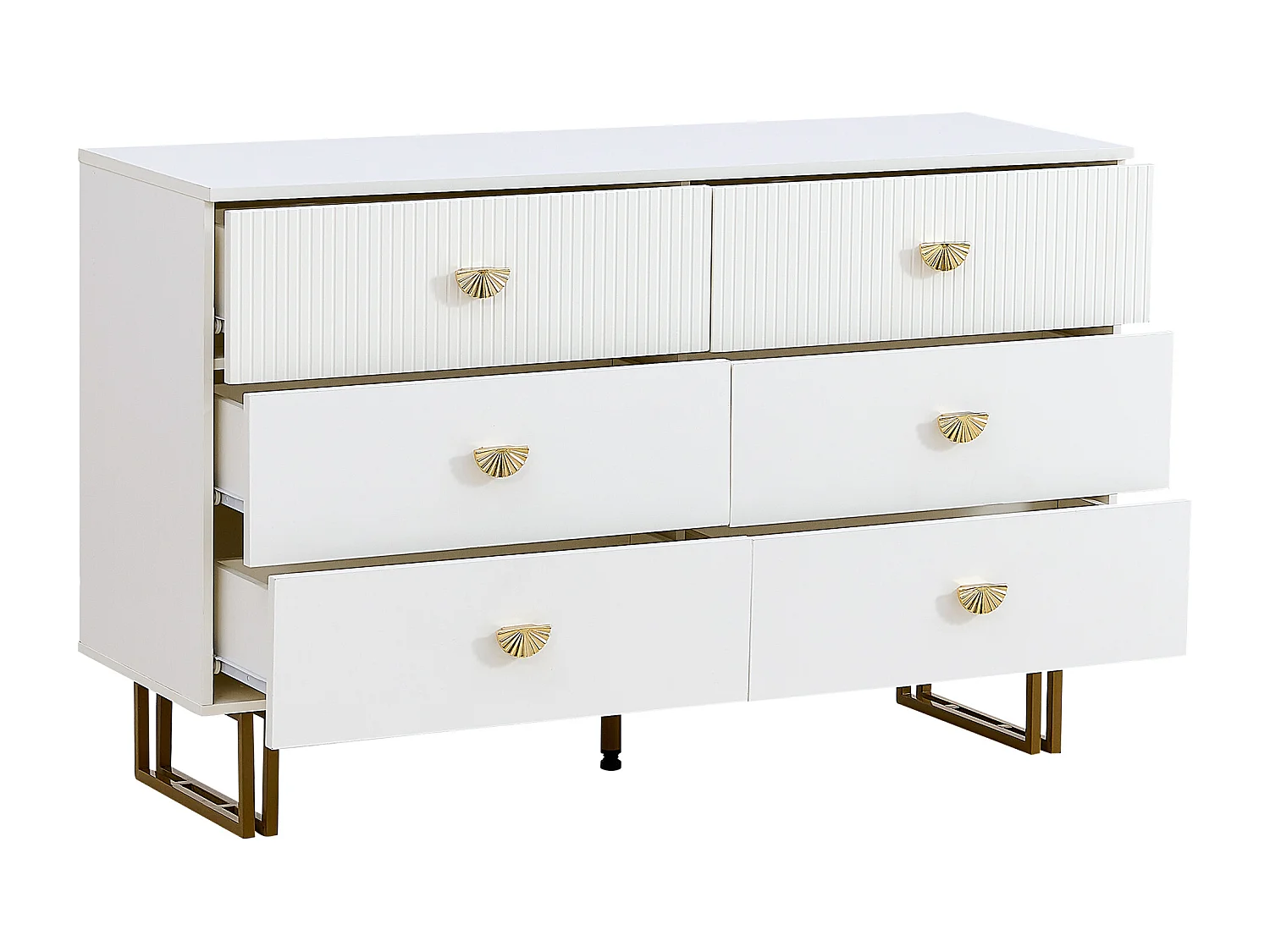 Cómoda con espejo - 6 cajones - tiradores dorados en forma de abanico - Blanca