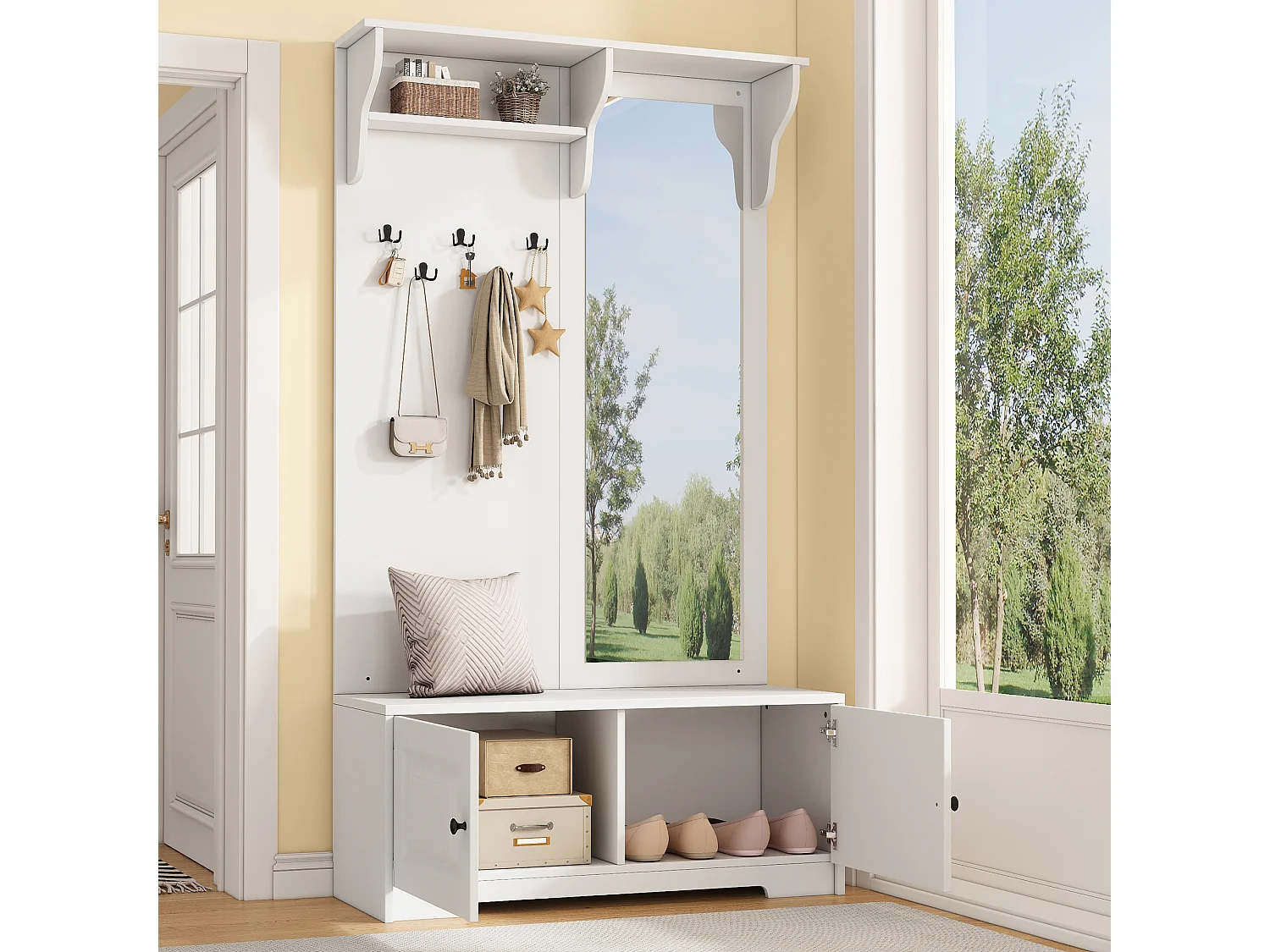 Vestiaire avec 2 portes, miroir et 5 crochets - Blanc -100x40x180cm