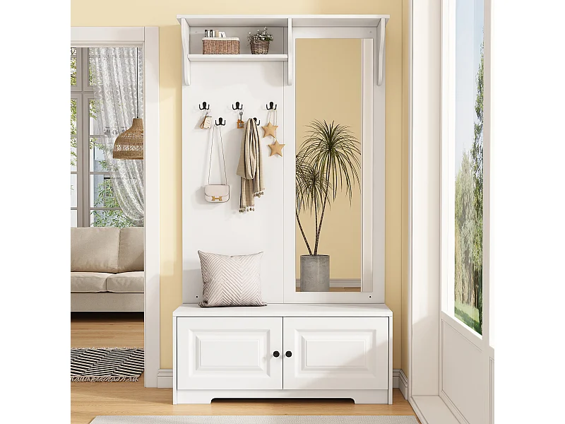 Armario de 2 puertas, espejo y 5 ganchos - Blanco - 100x40x180 cm