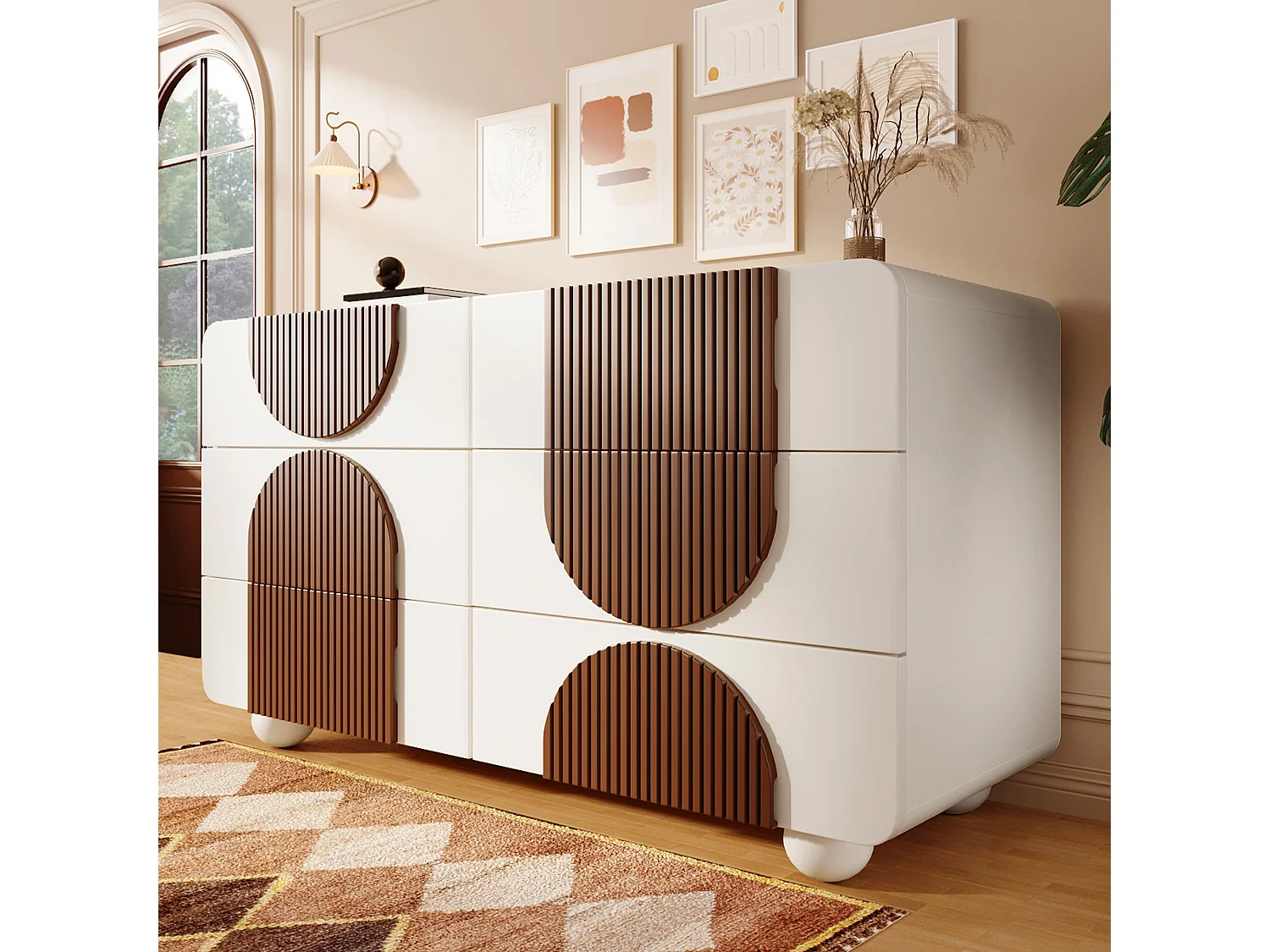 Cómoda blanca de 6 cajones, rayas color chocolate, MDF