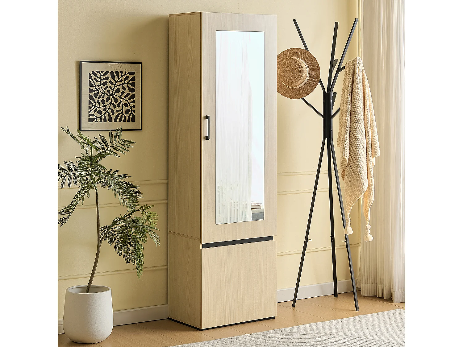 Armoire avec 2 portes, miroir et cintres coulissants - bois -naturel