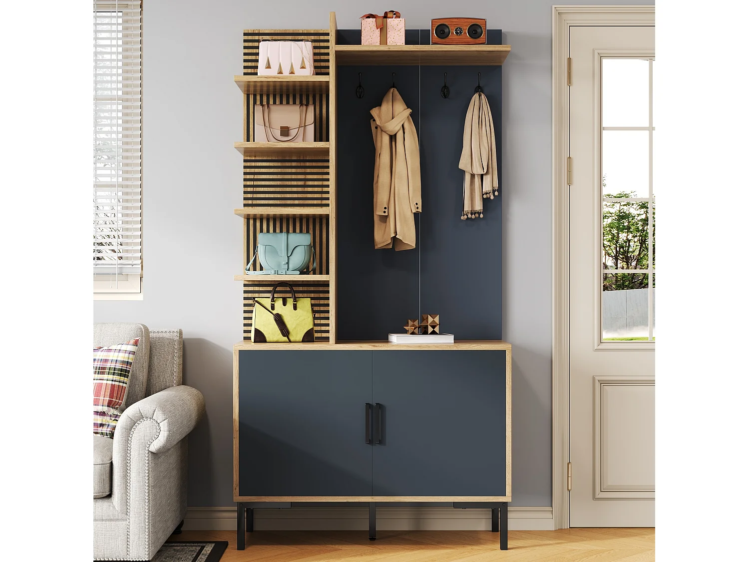 Vestiaire avec 2 portes, étagères et crochets , pieds en métal, bleue et naturel