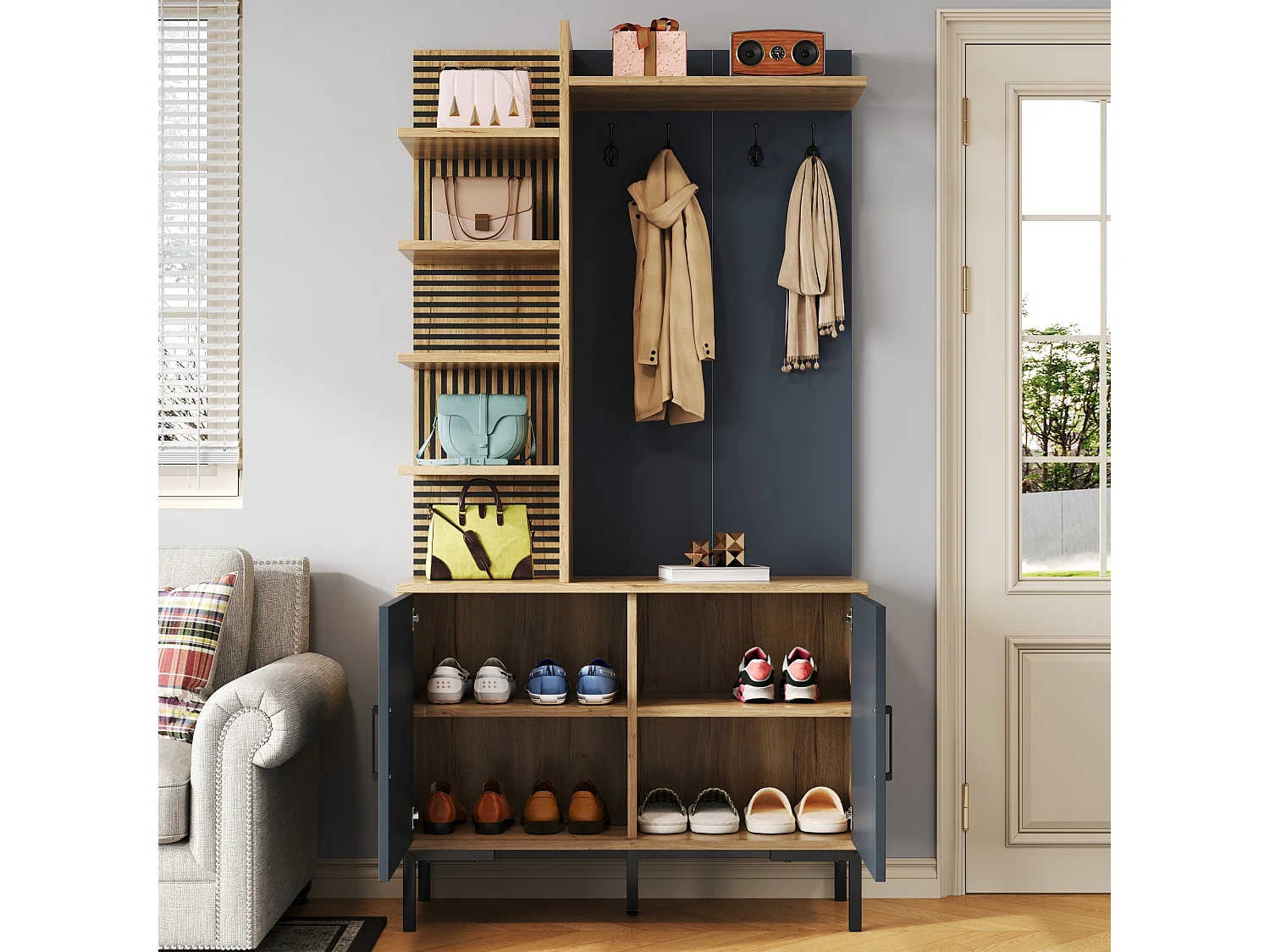 Vestiaire avec 2 portes, étagères et crochets , pieds en métal, bleue et naturel