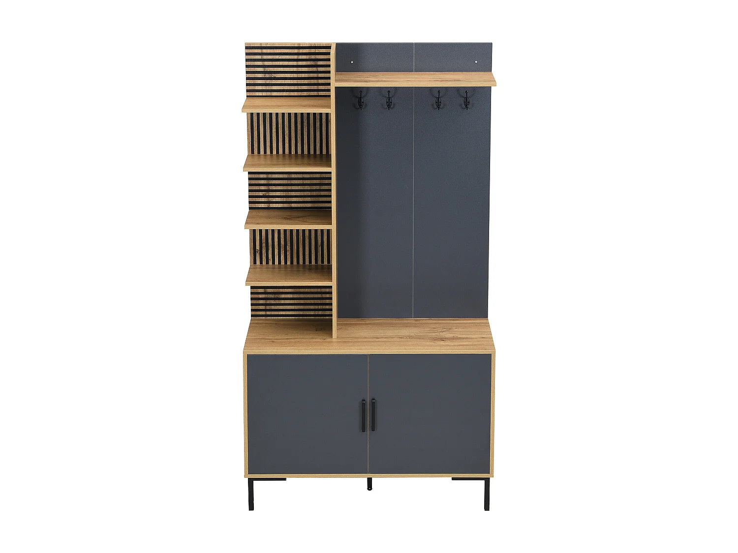 Vestiaire avec 2 portes, étagères et crochets , pieds en métal, bleue et naturel