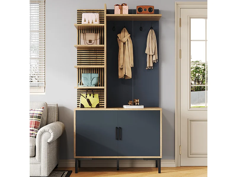 Vestiaire avec 2 portes, étagères et crochets , pieds en métal, bleue et naturel