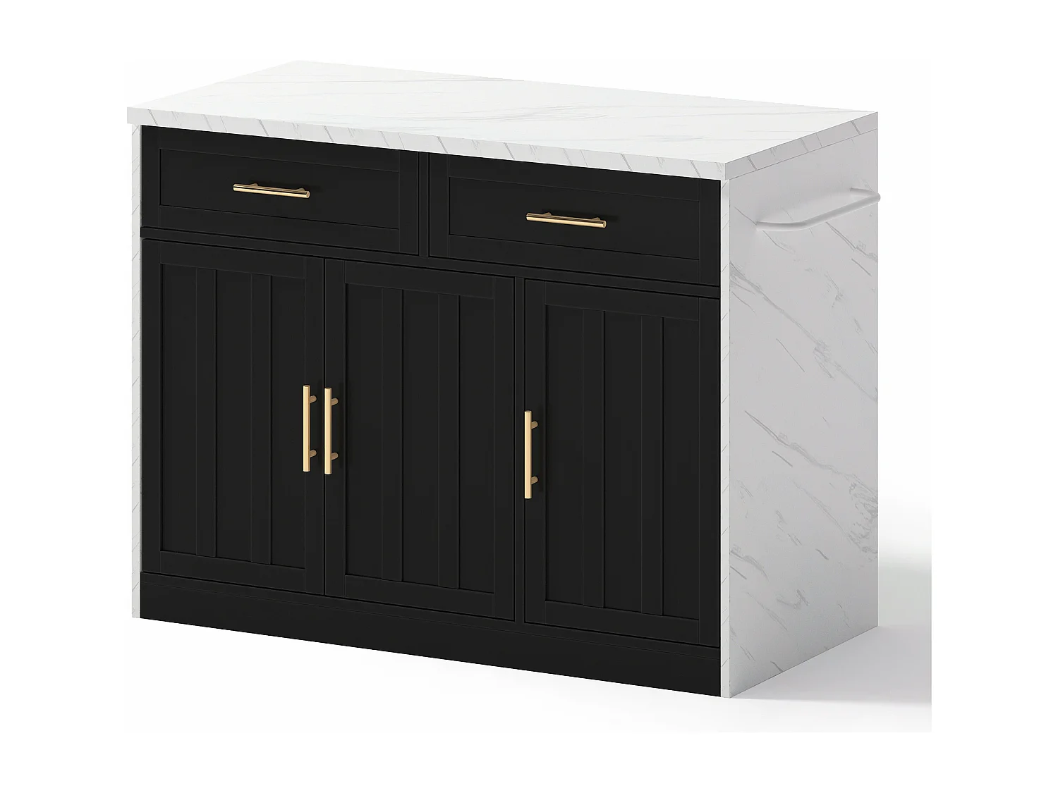 Isla de cocina con 3 puertas, 2 cajones y puerto USB - Efecto mármol blanco - Negro