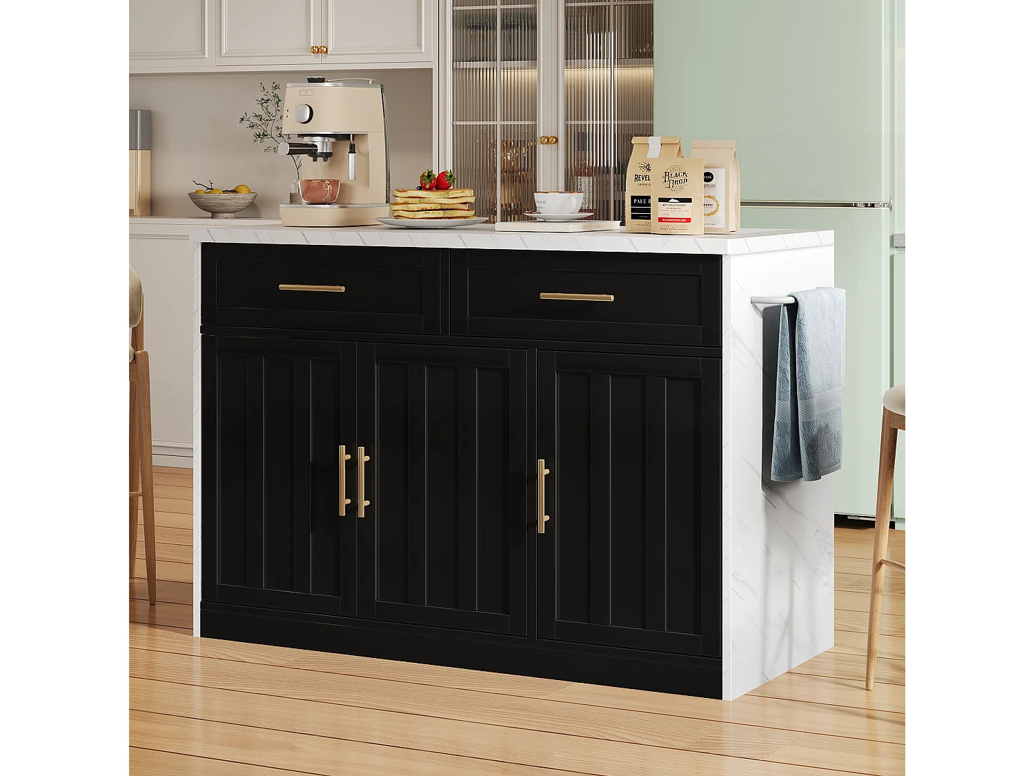 Ilha de cozinha com 3 portas, 2 gavetas e porta USB - Efeito mármore branco - Preto