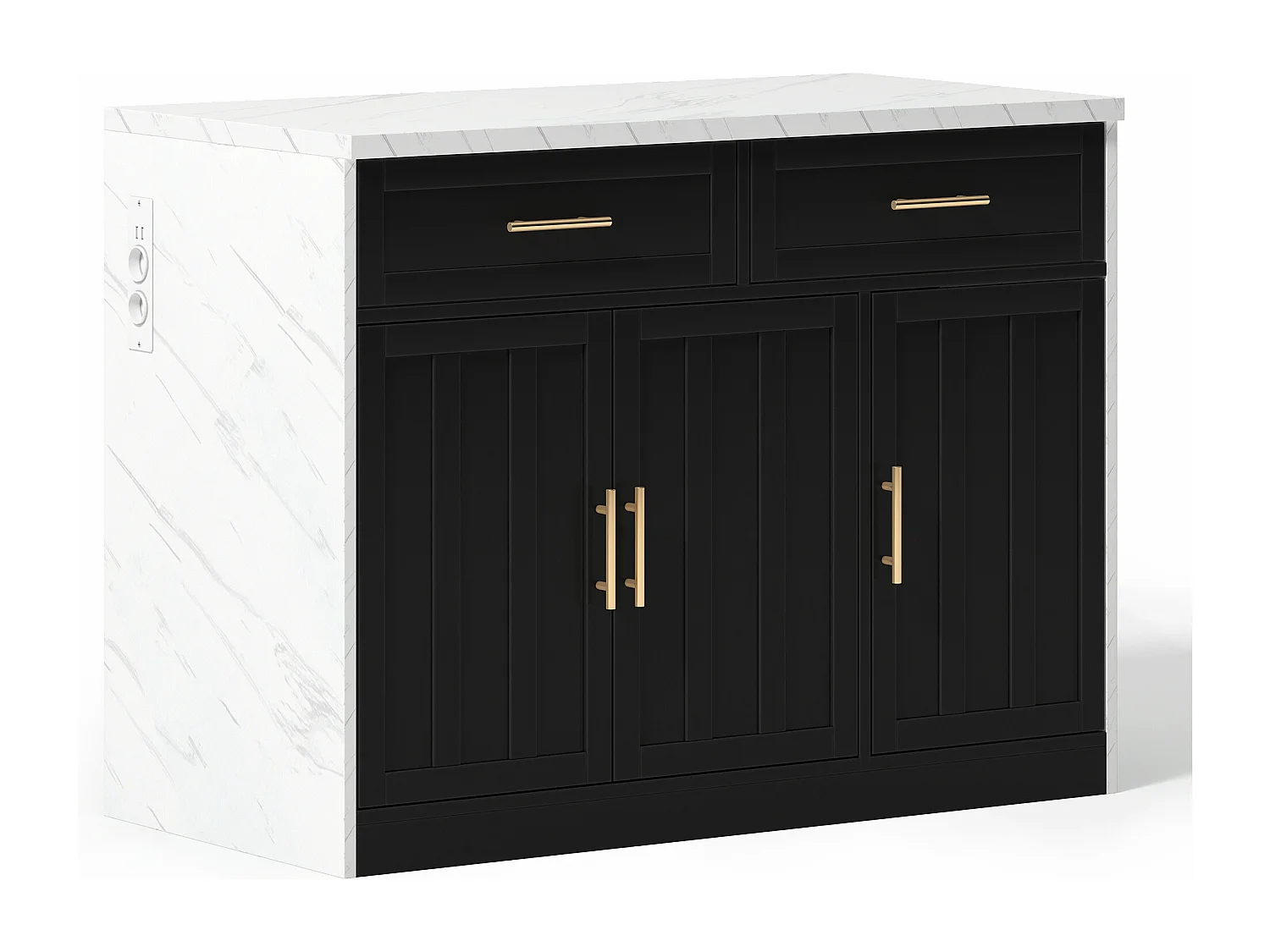 Ilha de cozinha com 3 portas, 2 gavetas e porta USB - Efeito mármore branco - Preto