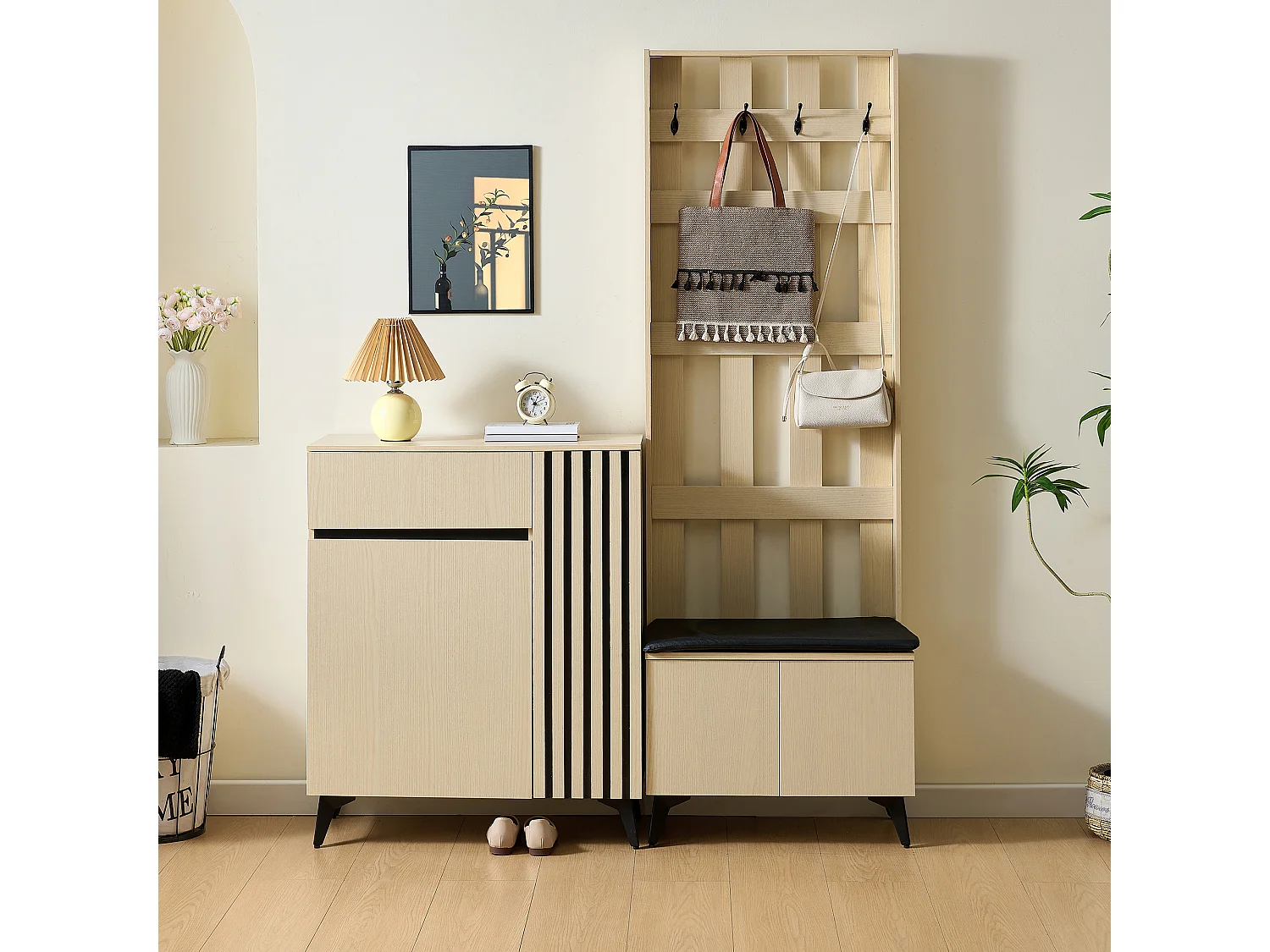 Ensemble d'entrée avec meuble à chaussures et vestiaire - 4 portes, tiroir , banc et crochets - Naturel