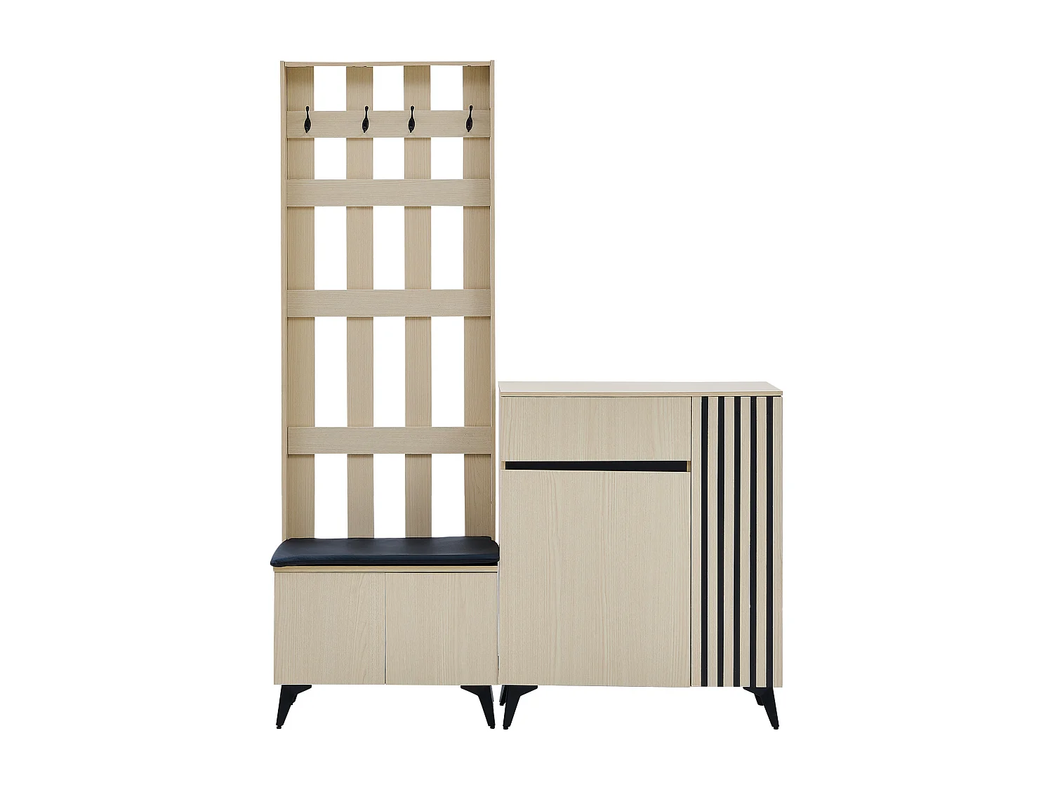 Ensemble d'entrée avec meuble à chaussures et vestiaire - 4 portes, tiroir , banc et crochets - Naturel