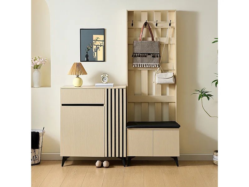 Ensemble d'entrée avec meuble à chaussures et vestiaire - 4 portes, tiroir , banc et crochets - Naturel