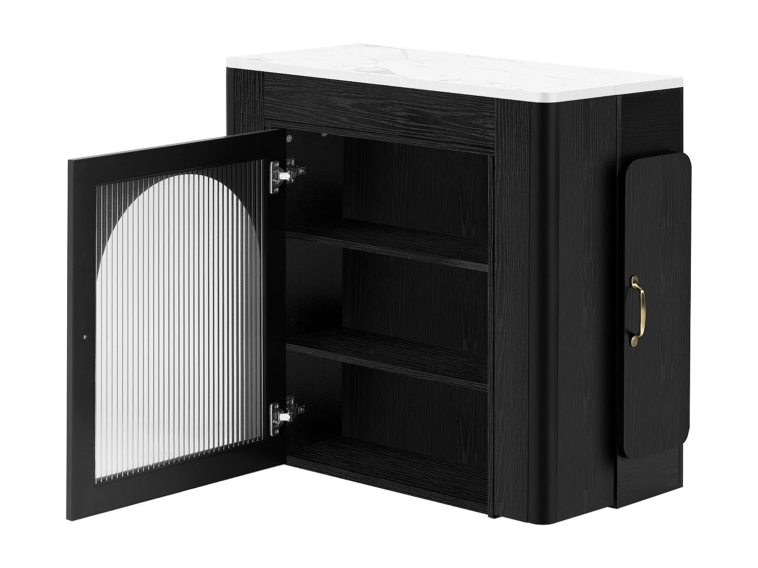 Isla de cocina con ruedas, enchufes, iluminación LED y tres puertas; tapa extraíble. Blanca y negra.