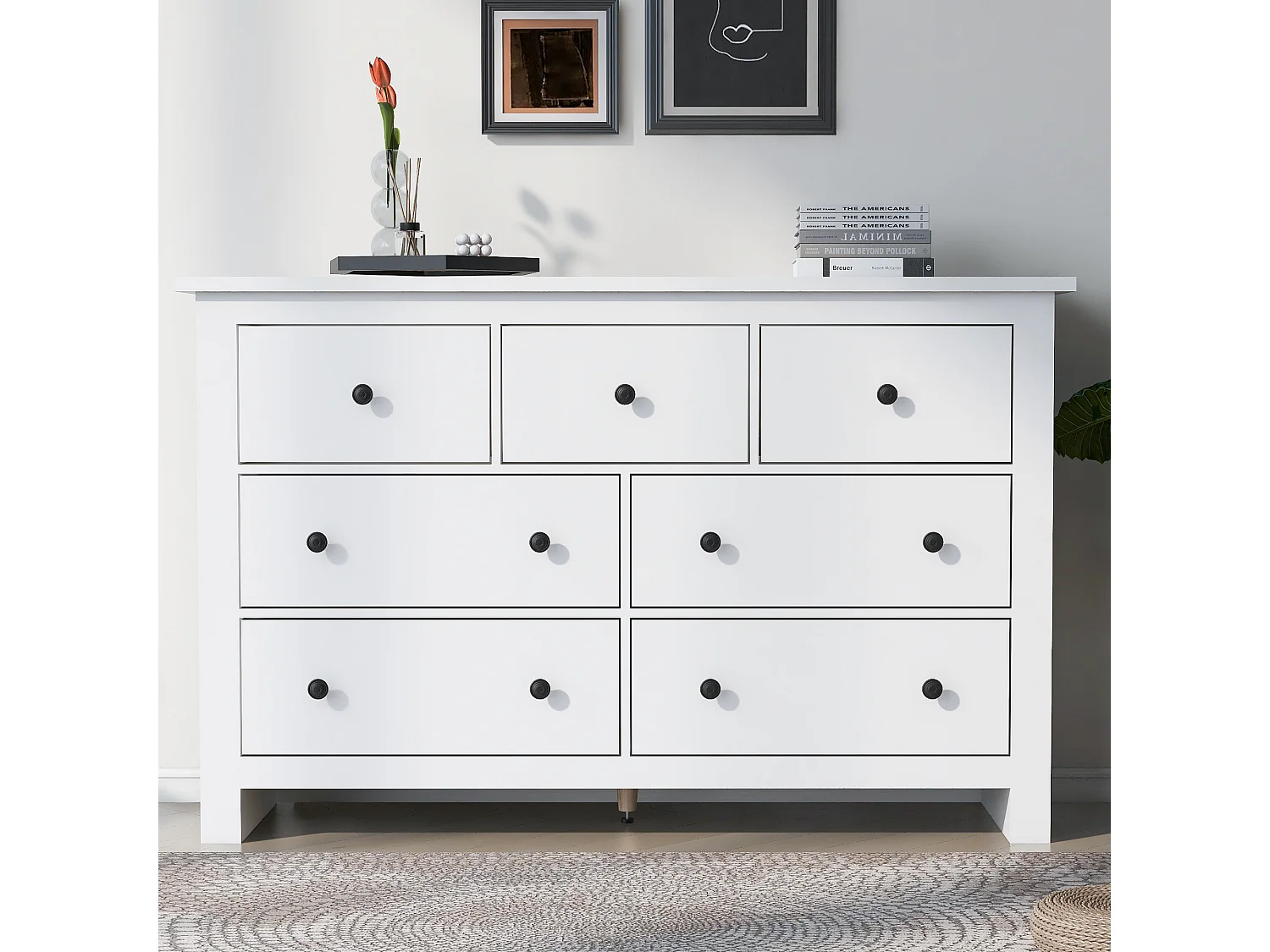 Cassettiera con 7 cassetti - maniglie nere - Bianco
