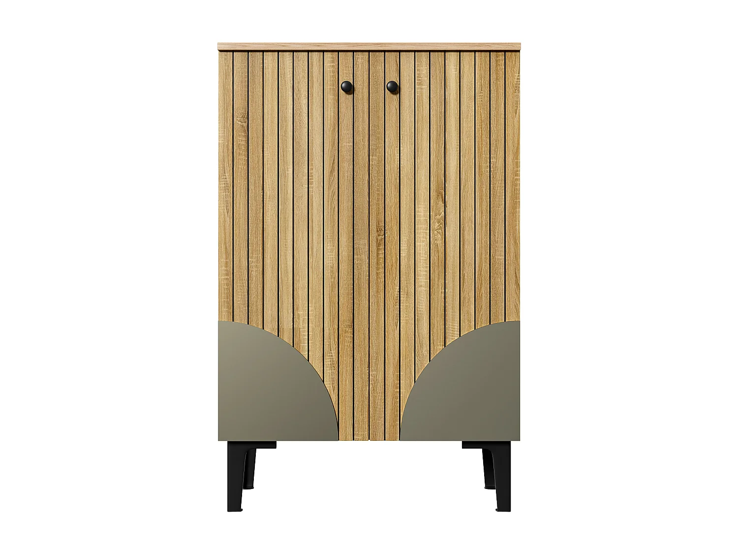 Meuble à chaussures avec 2 portes rayées , pieds en métal noir, naturel