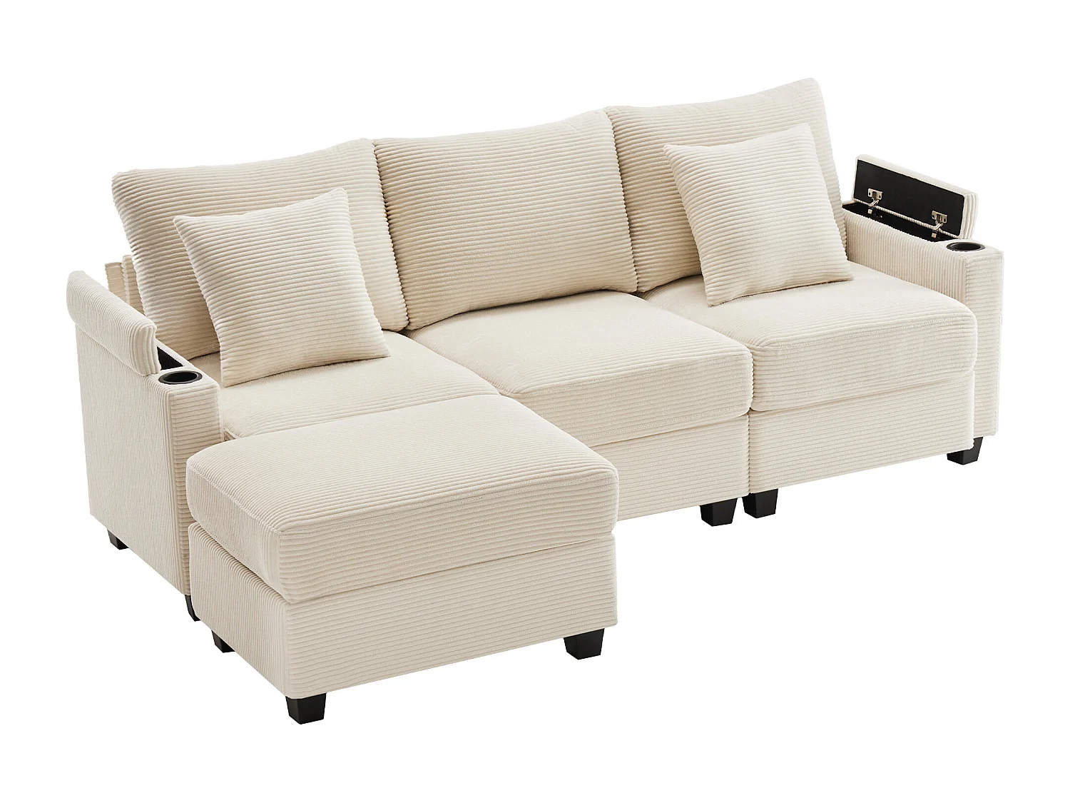 Canapé  3 places avec repose-pieds, port USB, 2 coussins - Velours côtelé - Beige