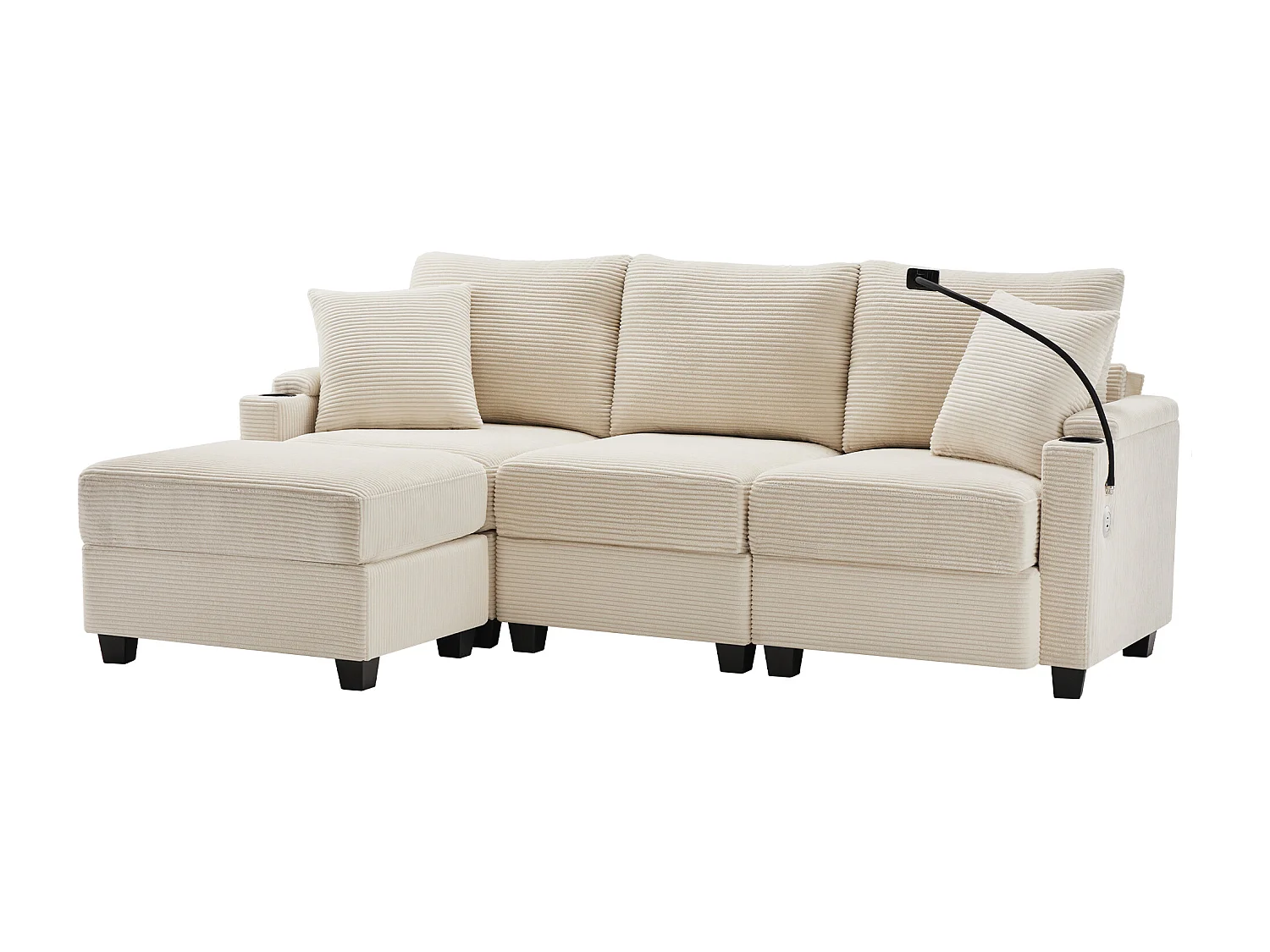 Canapé  3 places avec repose-pieds, port USB, 2 coussins - Velours côtelé - Beige