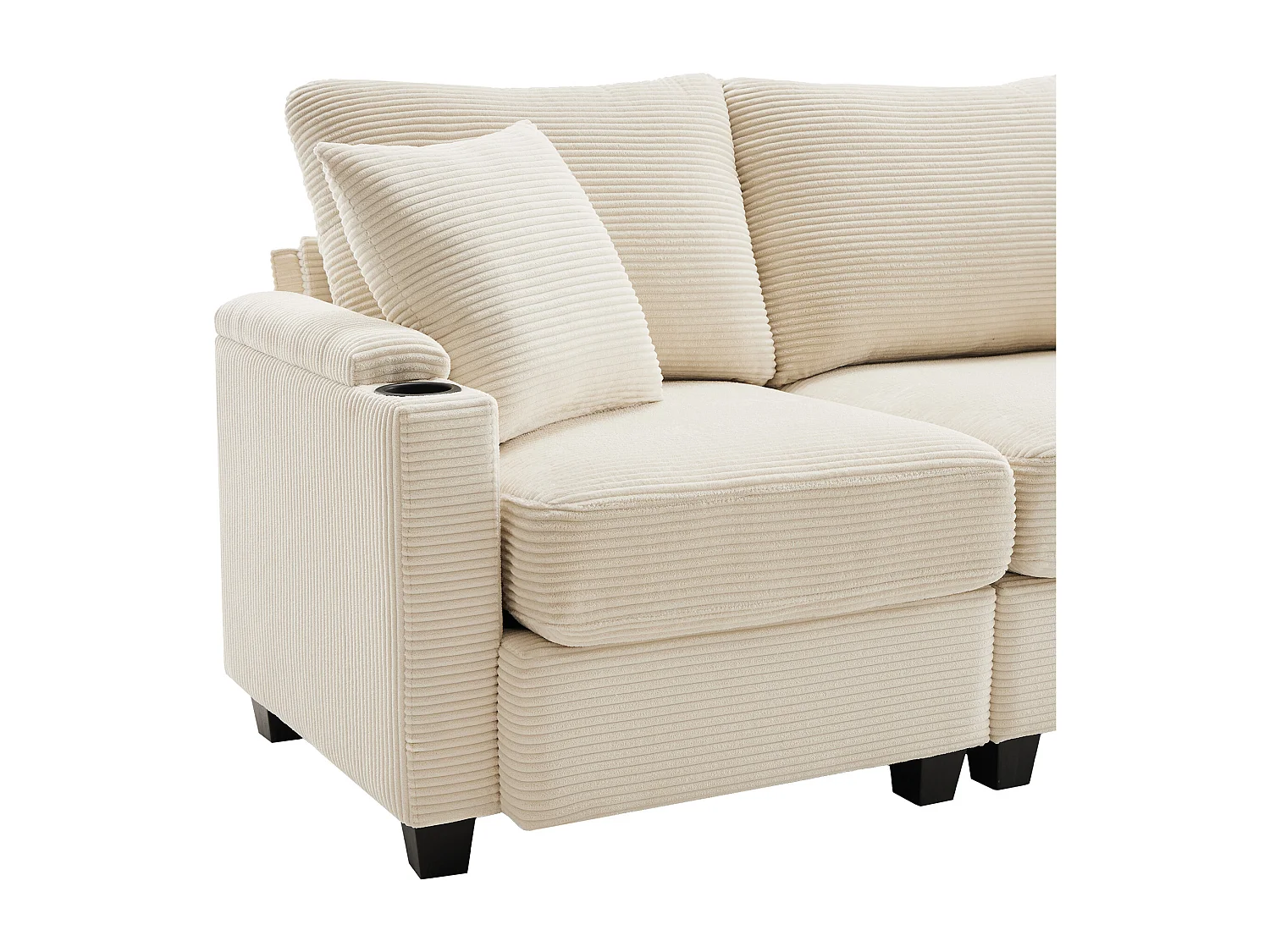 Canapé  3 places avec repose-pieds, port USB, 2 coussins - Velours côtelé - Beige