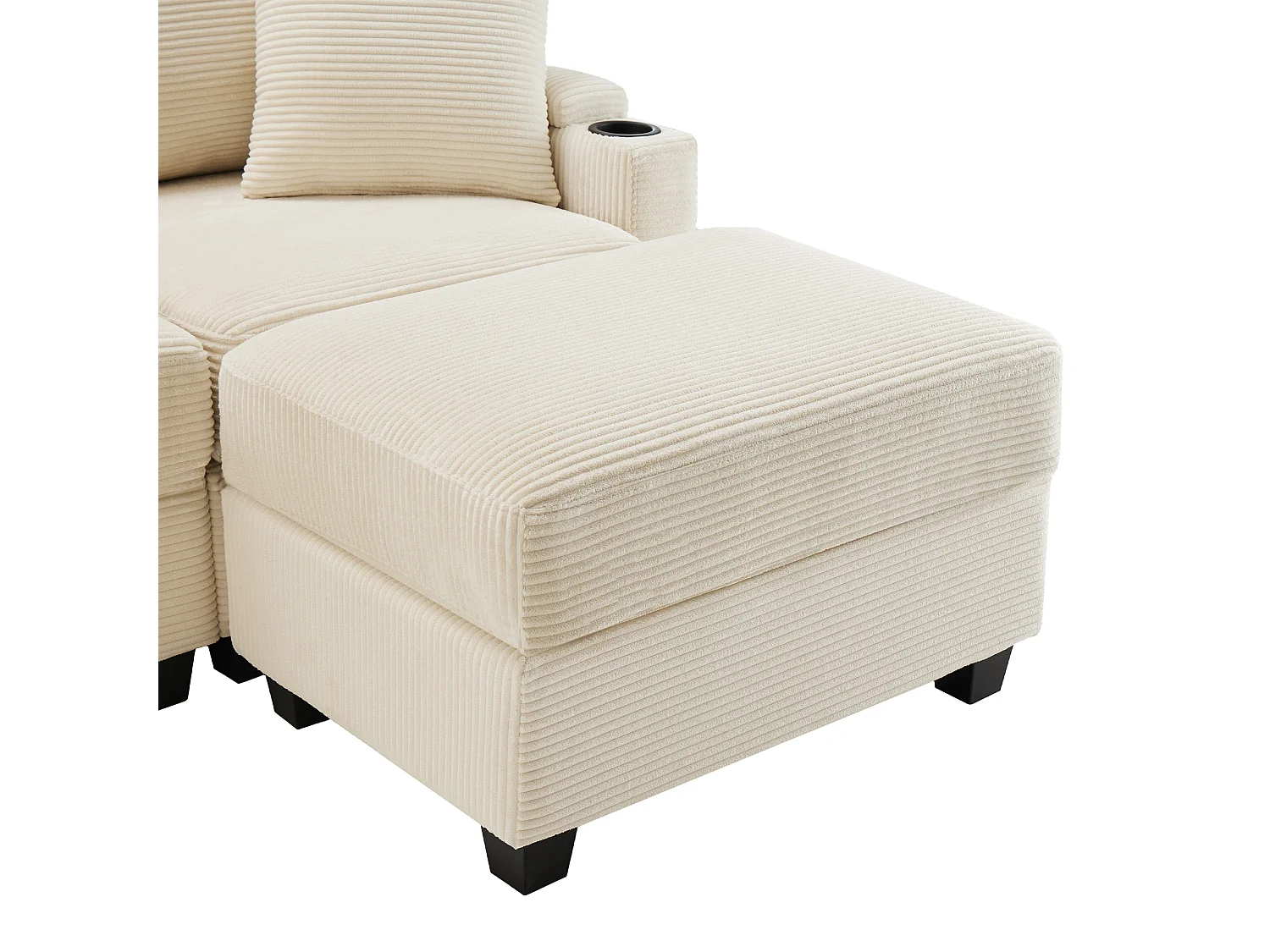 Canapé  3 places avec repose-pieds, port USB, 2 coussins - Velours côtelé - Beige