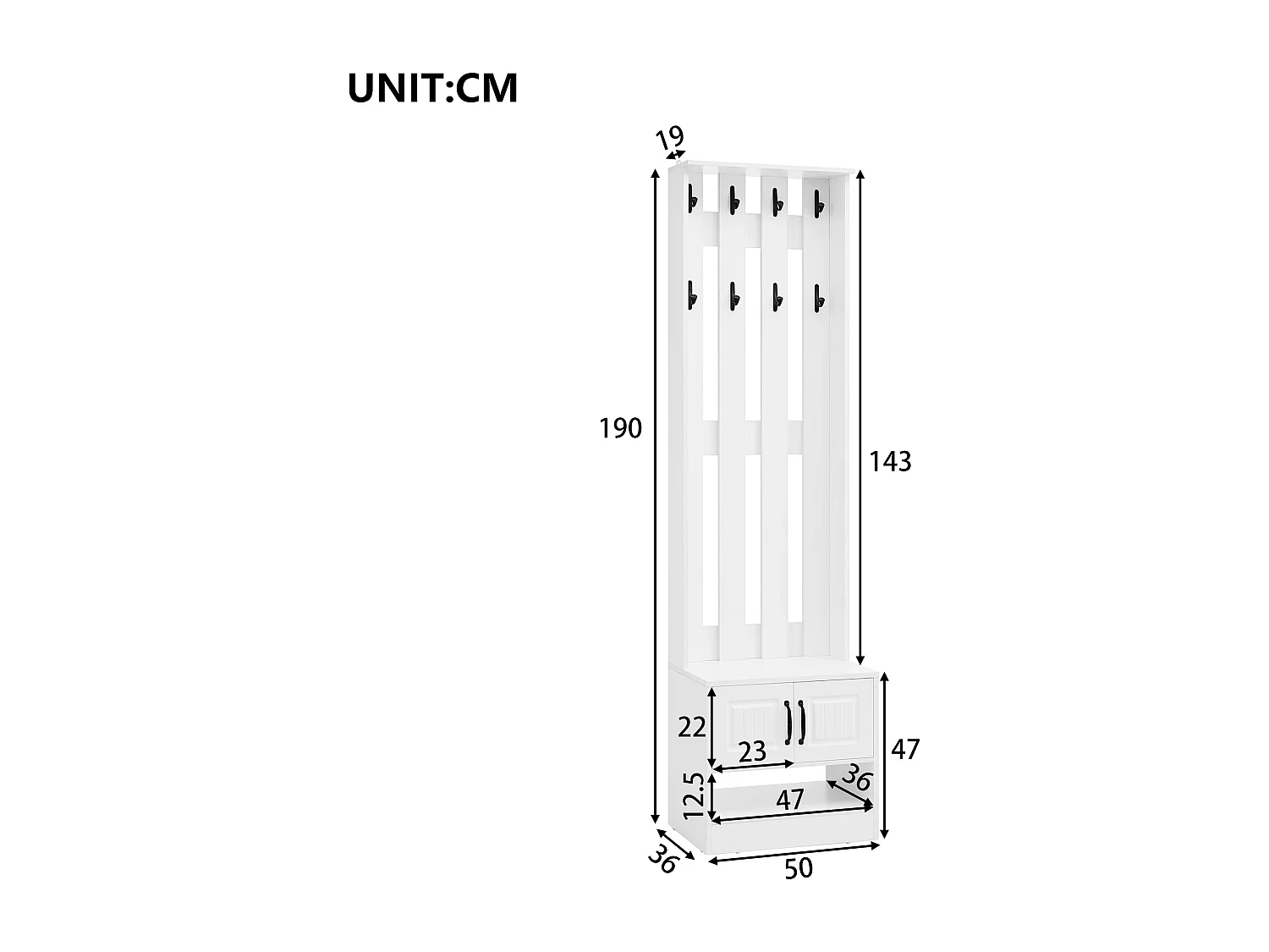 Vestiaire avec 2 portes et 8 crochets - Blanc - 50x36x190cm
