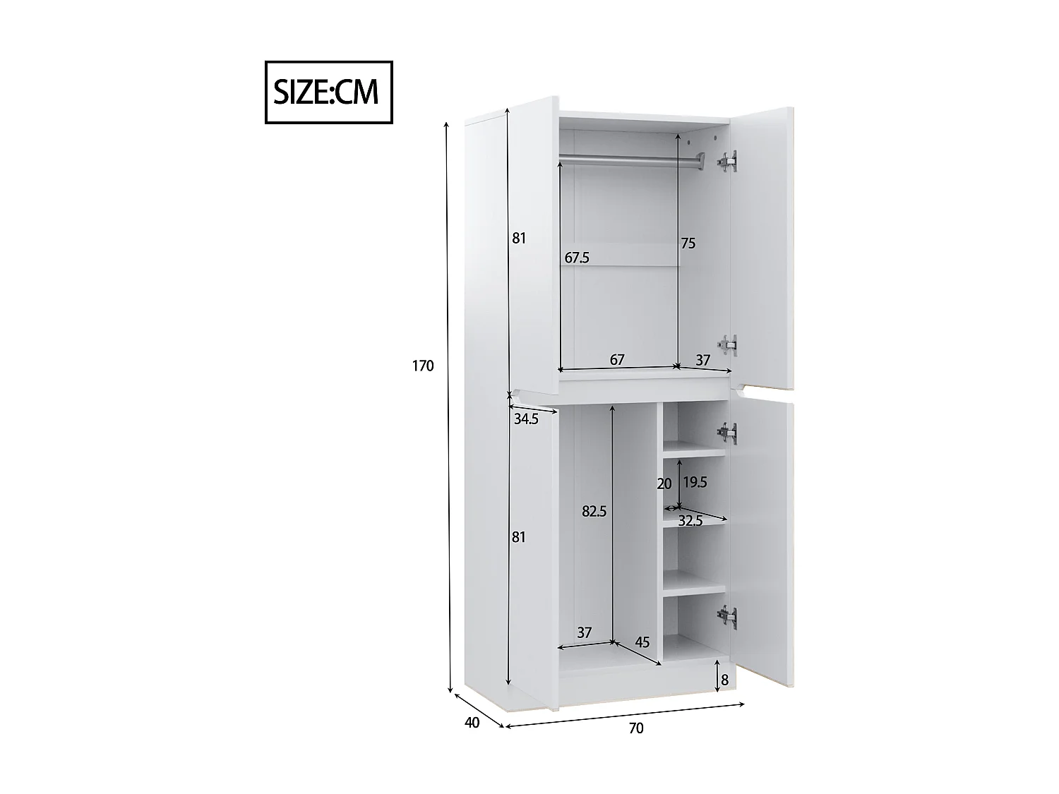 Armario de 2 puertas - Madera - Blanco 70x40x170 cm