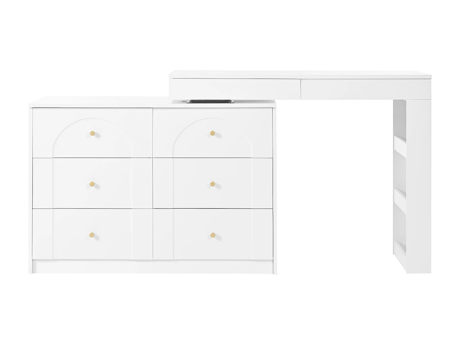 Coiffeuse pivotante avec miroir LED, 7 tiroirs et étagères latérales ouvertes - Blanc