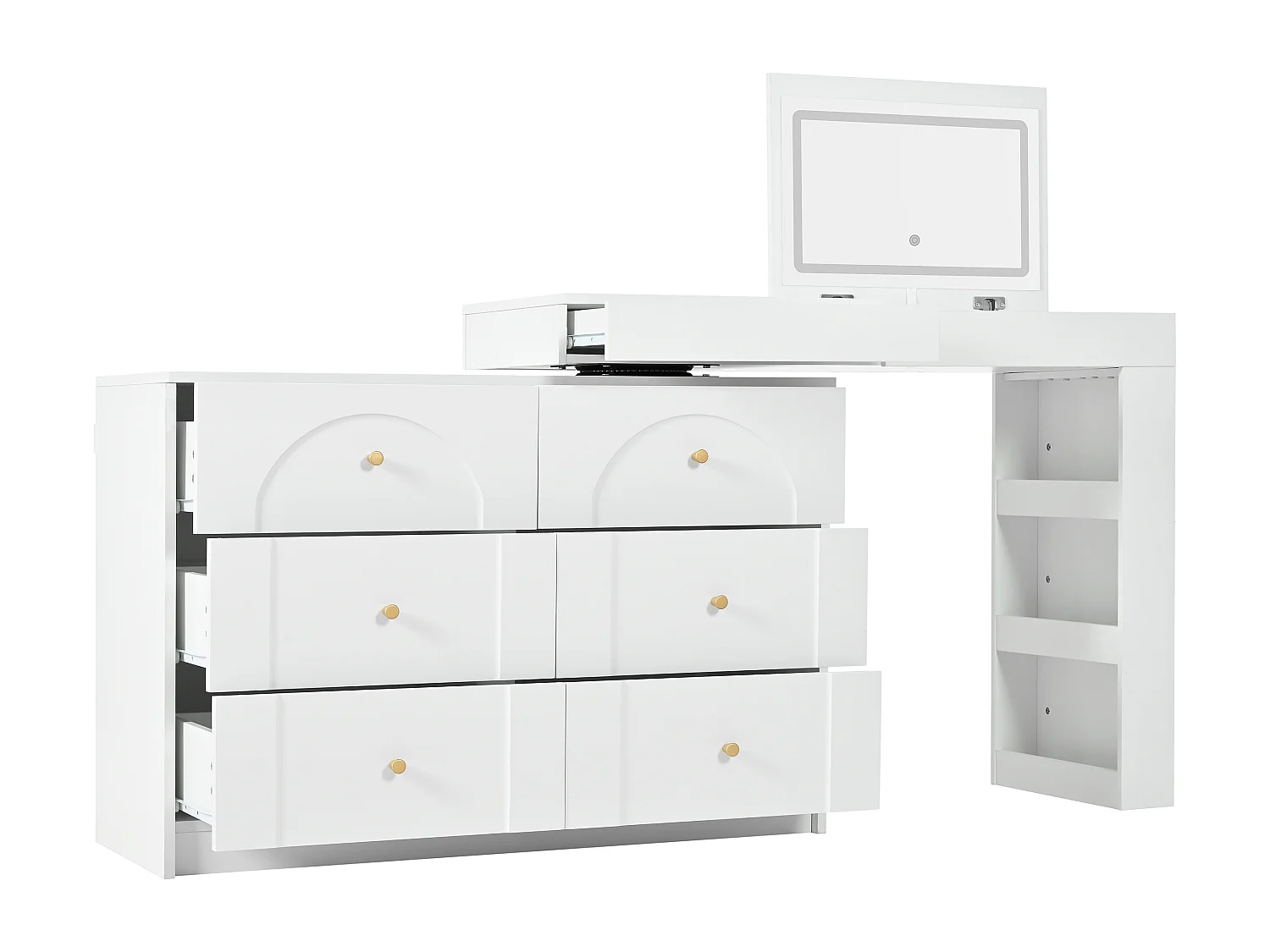Coiffeuse pivotante avec miroir LED, 7 tiroirs et étagères latérales ouvertes - Blanc