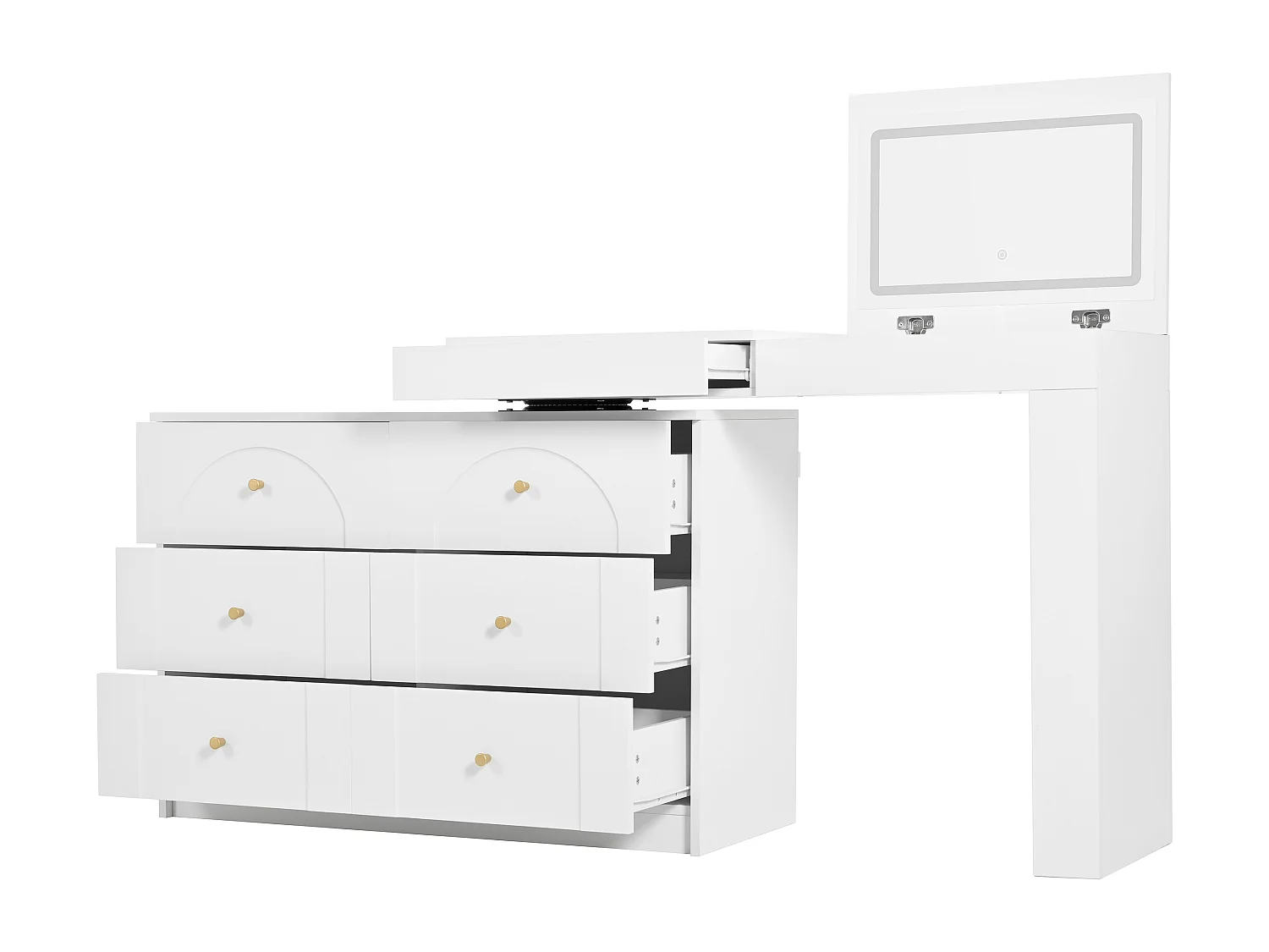 Coiffeuse pivotante avec miroir LED, 7 tiroirs et étagères latérales ouvertes - Blanc