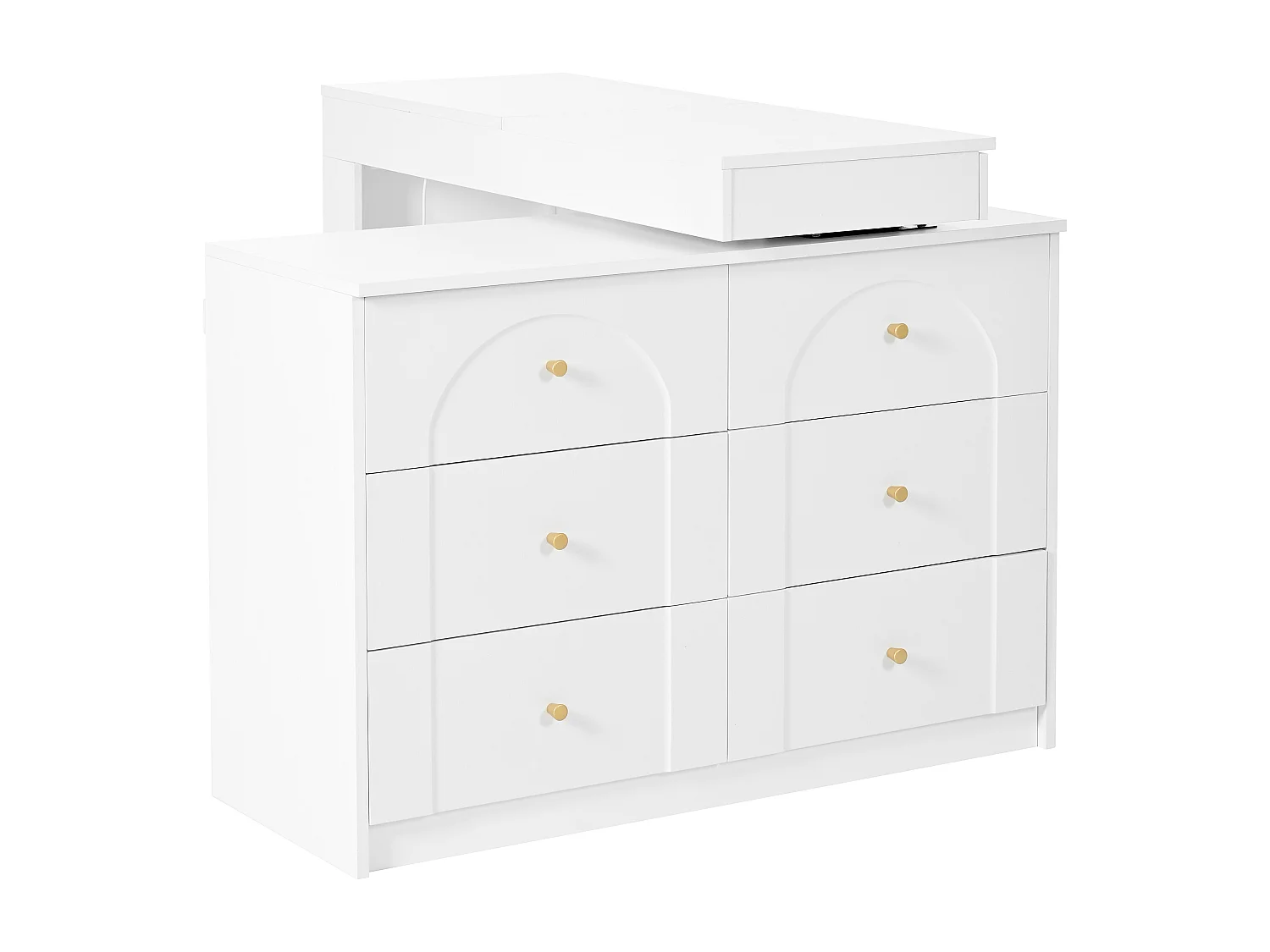 Coiffeuse pivotante avec miroir LED, 7 tiroirs et étagères latérales ouvertes - Blanc