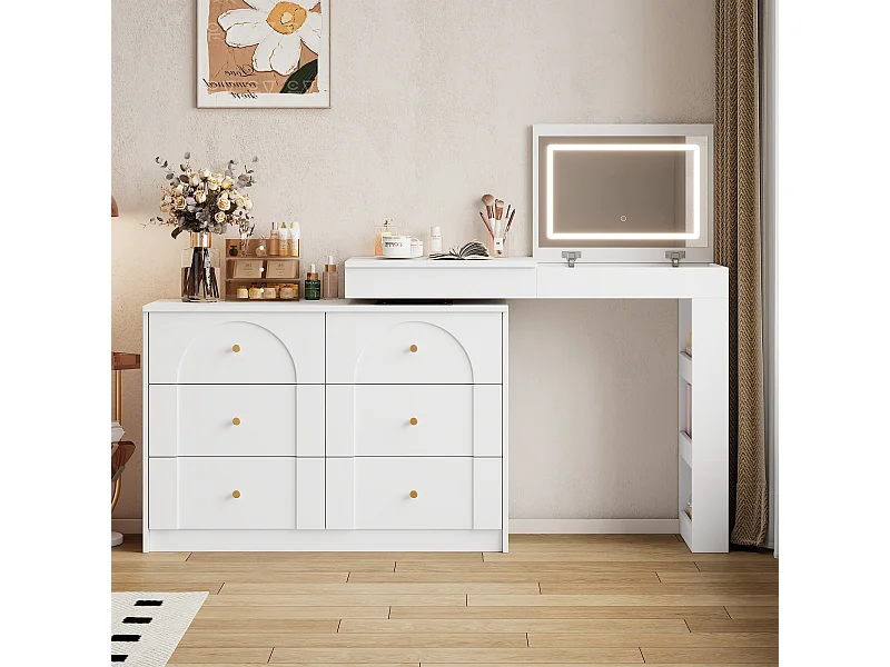 Coiffeuse pivotante avec miroir LED, 7 tiroirs et étagères latérales ouvertes - Blanc