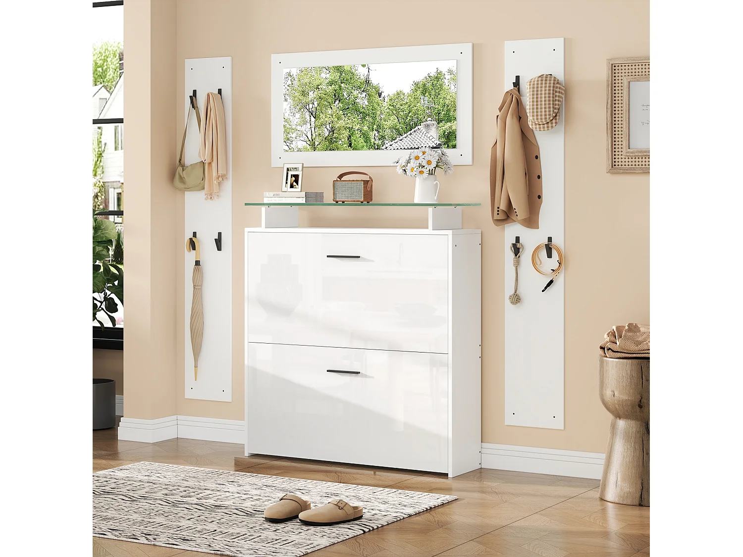 Penderie, Meuble d’entrée avec 1 meuble à chaussures, 1 miroir et 2 panneaux porte-manteaux, blanche