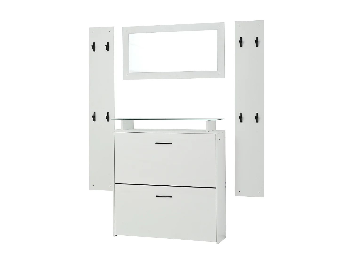 Penderie, Meuble d’entrée avec 1 meuble à chaussures, 1 miroir et 2 panneaux porte-manteaux, blanche