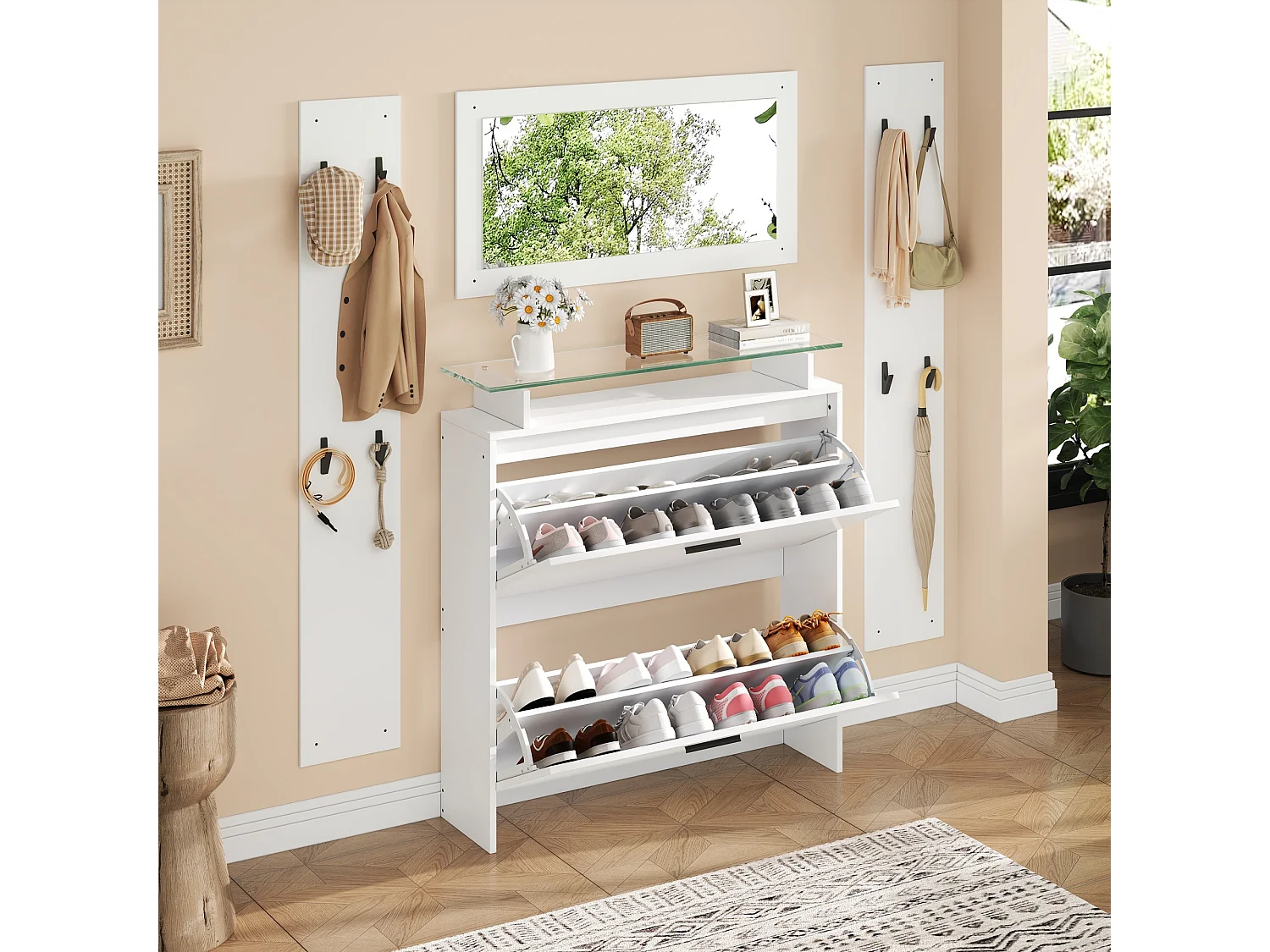 Penderie, Meuble d’entrée avec 1 meuble à chaussures, 1 miroir et 2 panneaux porte-manteaux, blanche