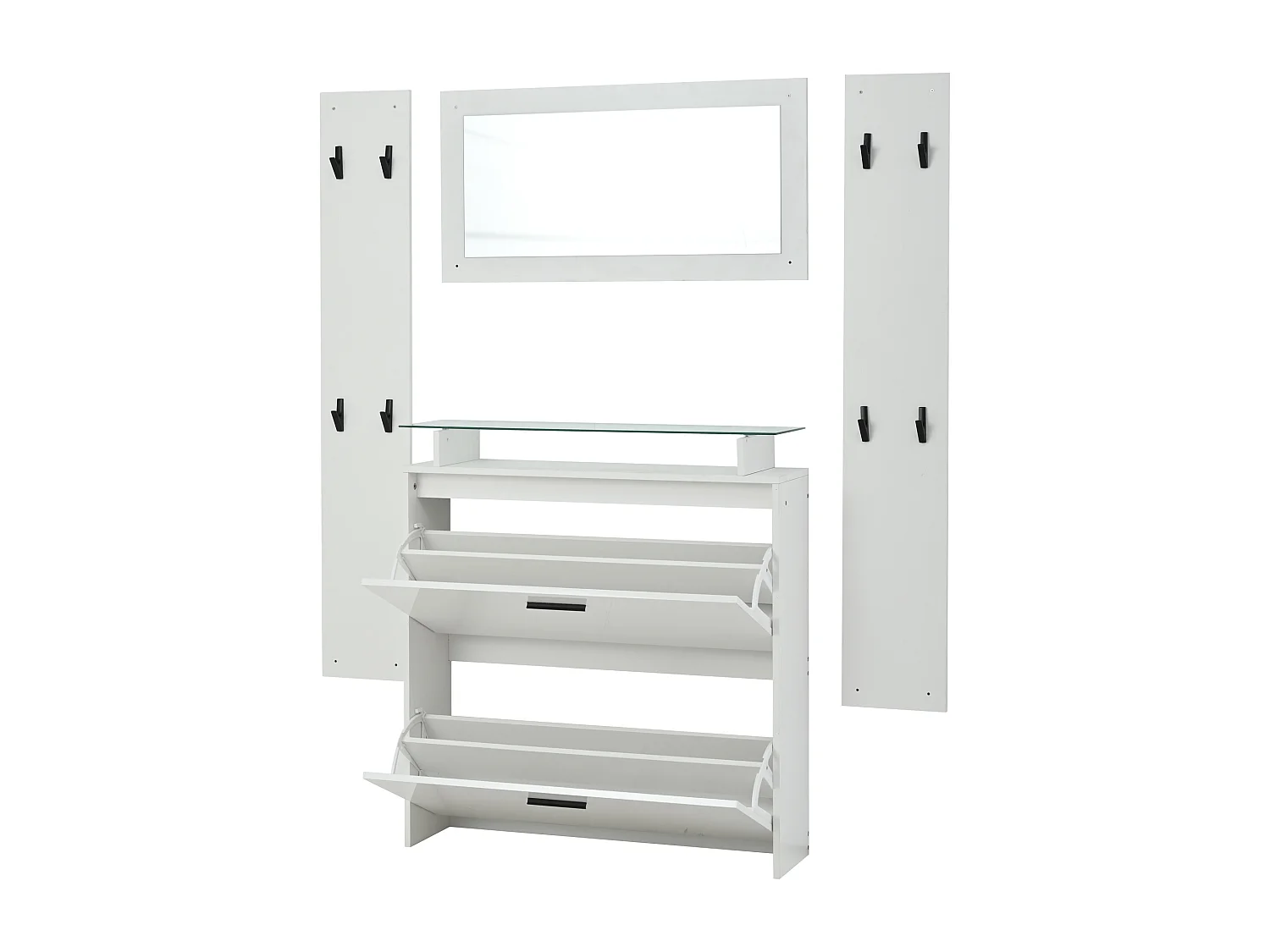 Penderie, Meuble d’entrée avec 1 meuble à chaussures, 1 miroir et 2 panneaux porte-manteaux, blanche