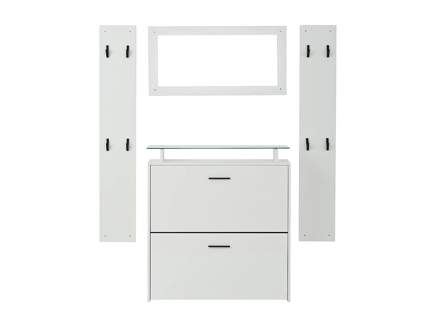 Penderie, Meuble d’entrée avec 1 meuble à chaussures, 1 miroir et 2 panneaux porte-manteaux, blanche