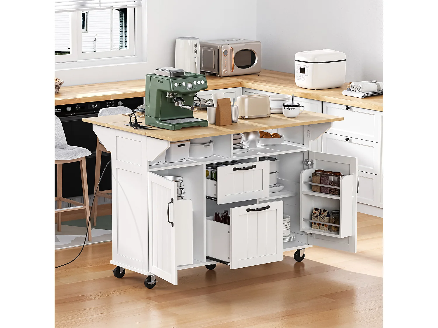 Îlot central de cuisine sur roulettes, 2 portes ,2 tiroirs et prise - Table pliable -Blanc