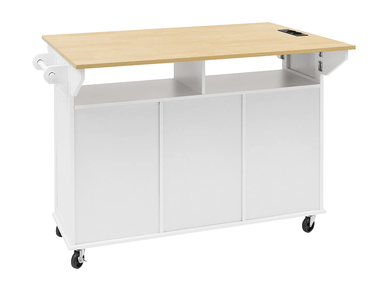 Îlot central de cuisine sur roulettes, 2 portes ,2 tiroirs et prise - Table pliable -Blanc