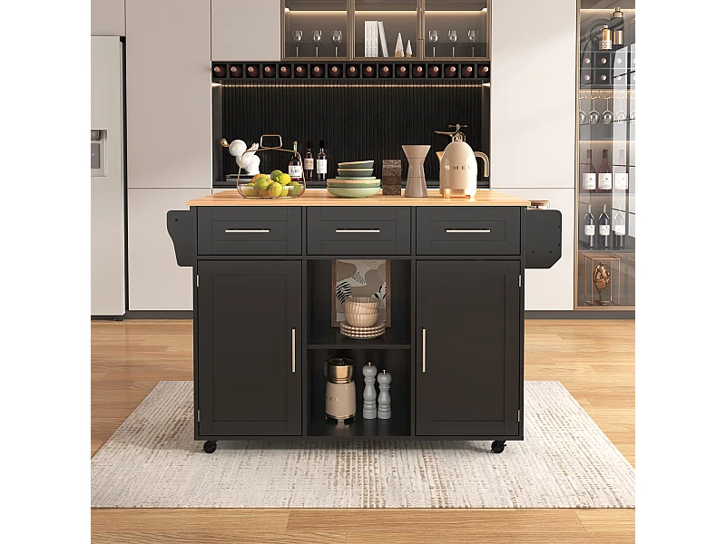 Îlot central de cuisine avec roulettes ,2 portes et 3 tiroirs - Plateau imitation bois - Noir