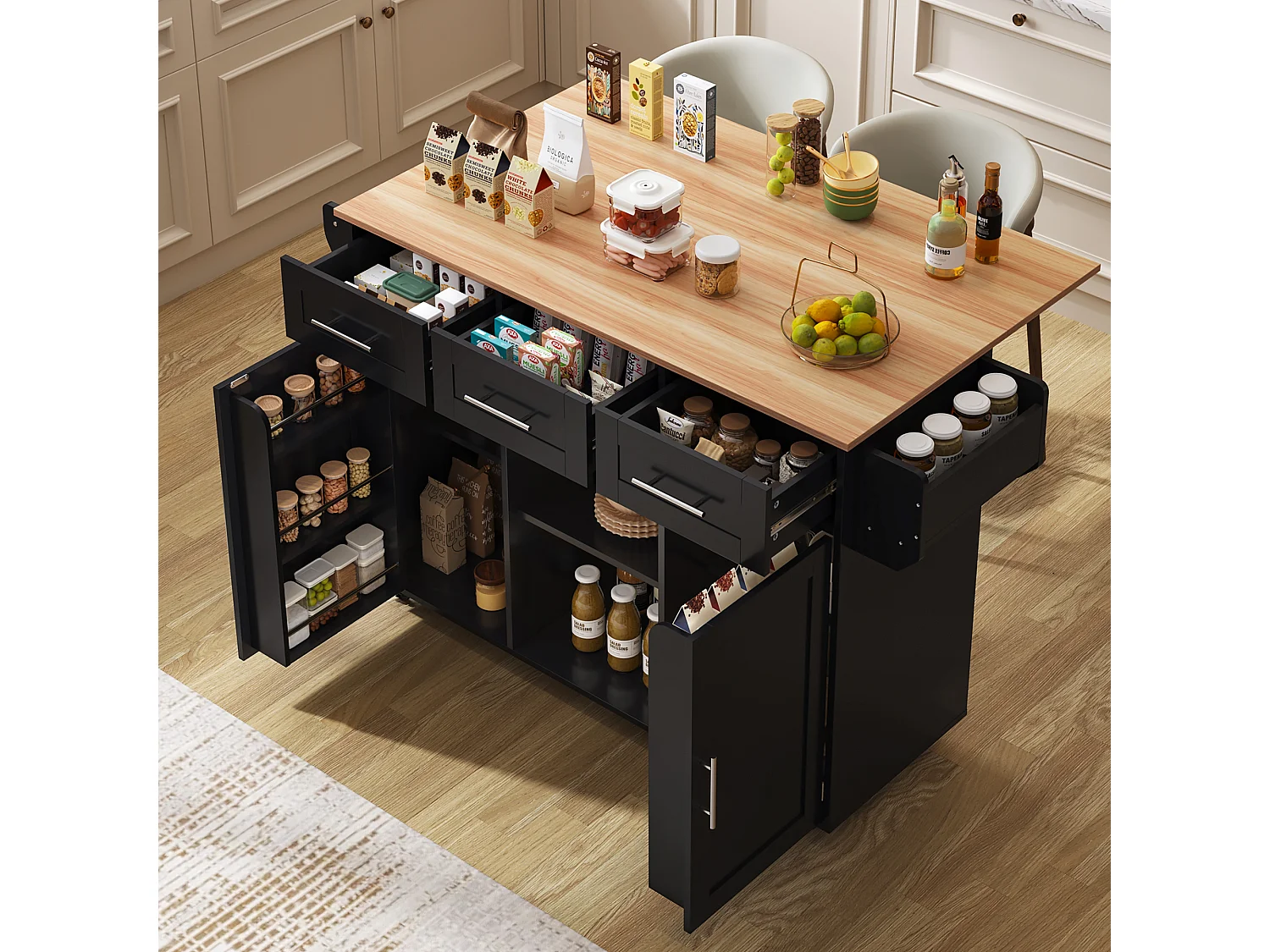 Îlot central de cuisine avec roulettes ,2 portes et 3 tiroirs - Plateau imitation bois - Noir