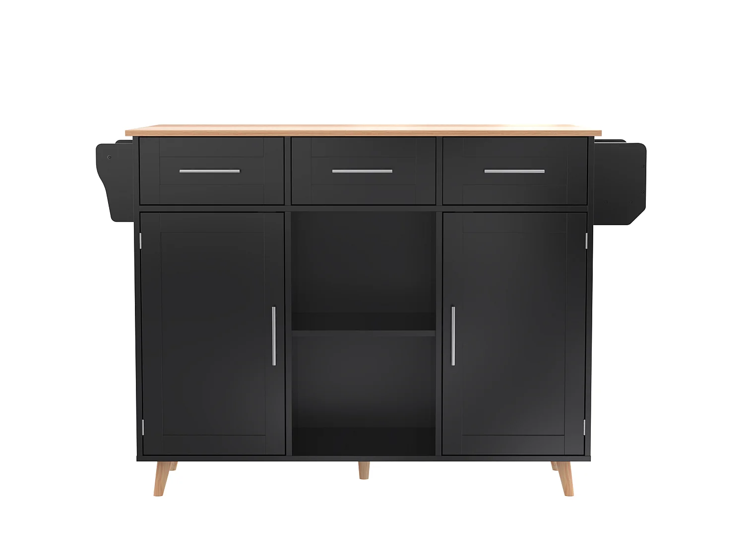Îlot central de cuisine avec roulettes ,2 portes et 3 tiroirs - Plateau imitation bois - Noir