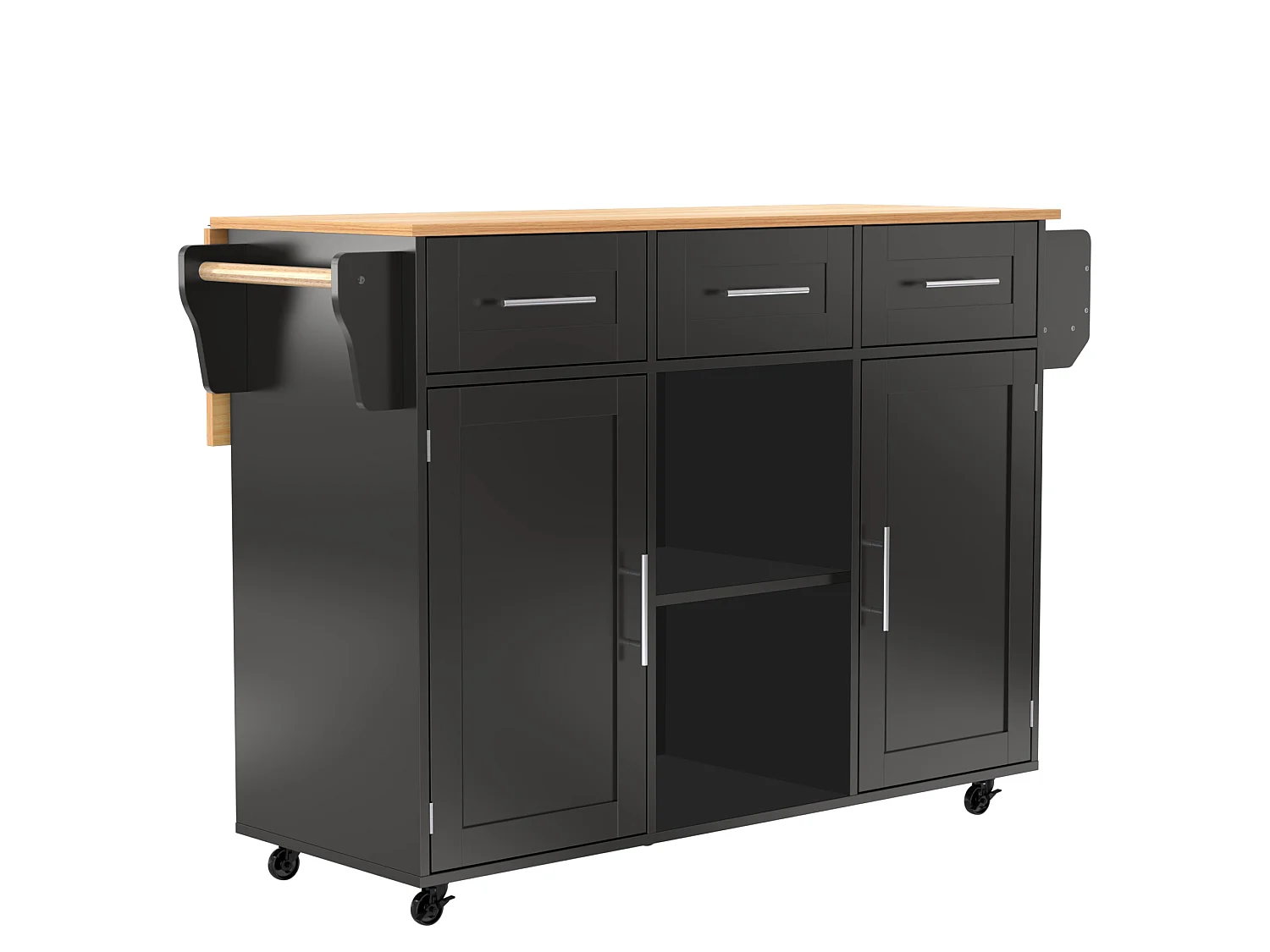 Îlot central de cuisine avec roulettes ,2 portes et 3 tiroirs - Plateau imitation bois - Noir