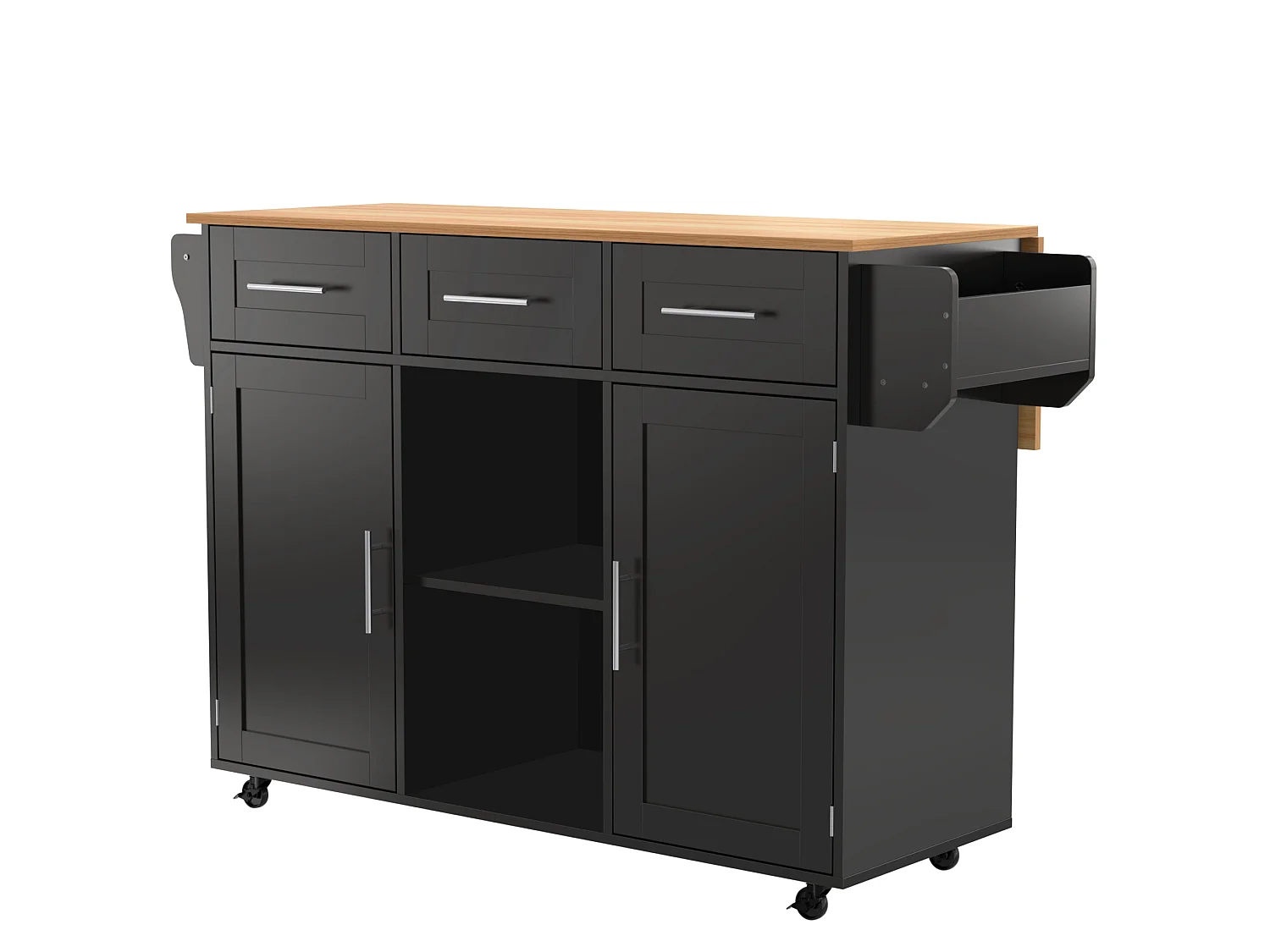 Îlot central de cuisine avec roulettes ,2 portes et 3 tiroirs - Plateau imitation bois - Noir