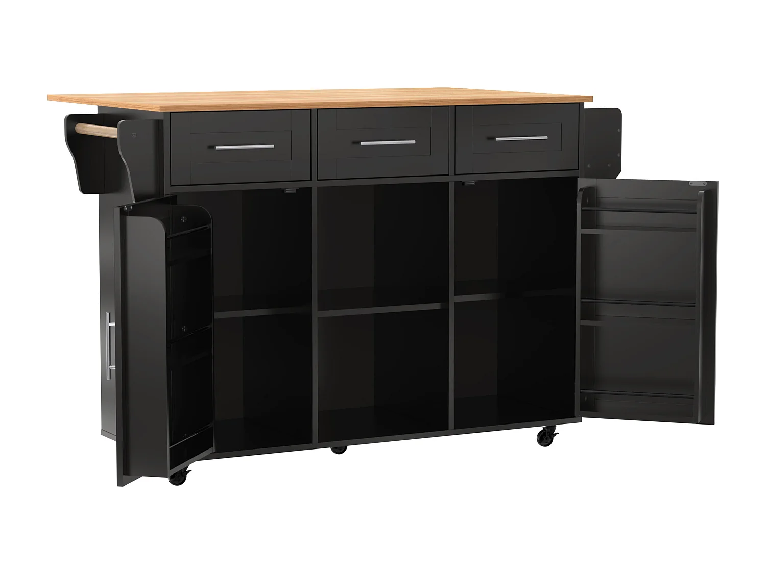 Îlot central de cuisine avec roulettes ,2 portes et 3 tiroirs - Plateau imitation bois - Noir