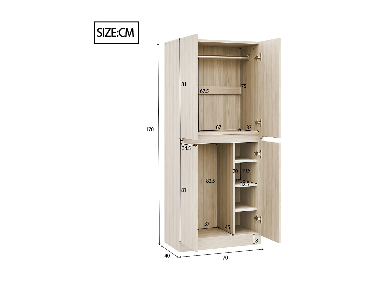 Armoire avec 2 portes - Bois - Couleur naturel 70x40x170 cm