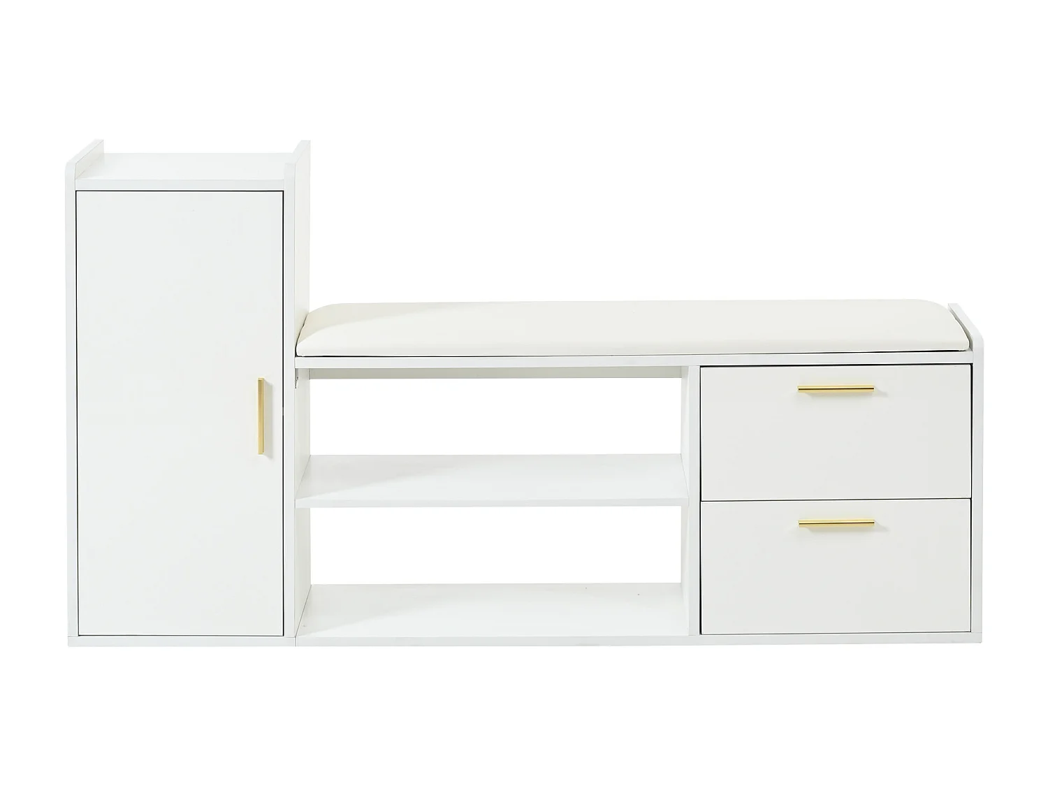 Meuble à chaussures avec 2 tiroirs, porte et banquette rembourrée - Poignées en métal - Blanc