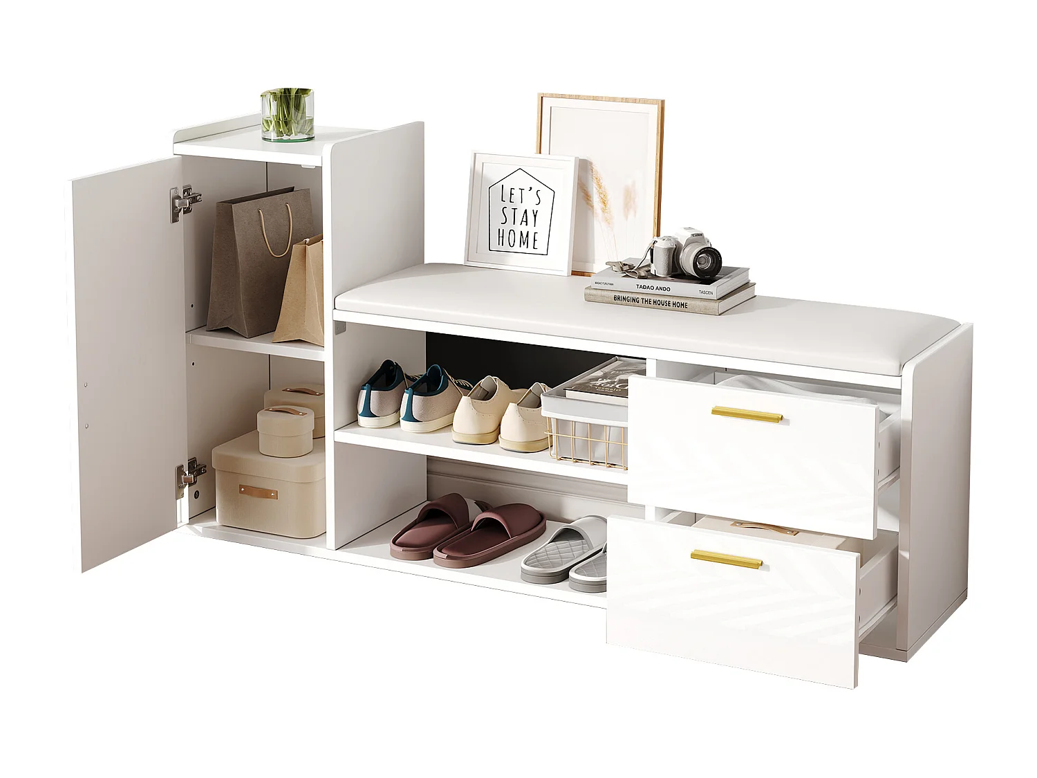 Meuble à chaussures avec 2 tiroirs, porte et banquette rembourrée - Poignées en métal - Blanc