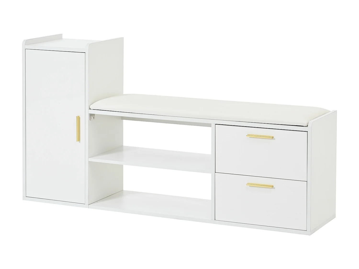 Meuble à chaussures avec 2 tiroirs, porte et banquette rembourrée - Poignées en métal - Blanc