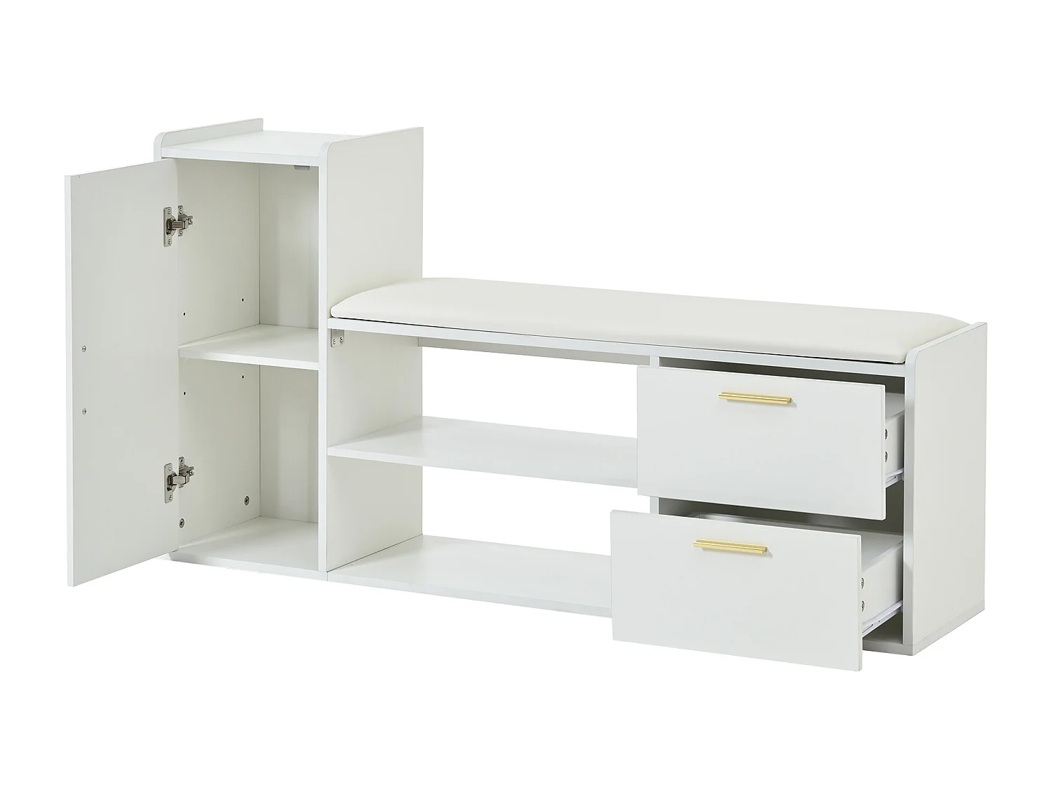 Meuble à chaussures avec 2 tiroirs, porte et banquette rembourrée - Poignées en métal - Blanc