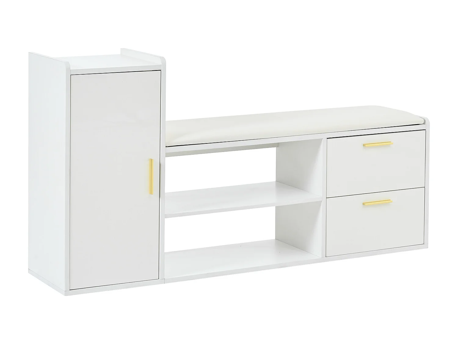 Meuble à chaussures avec 2 tiroirs, porte et banquette rembourrée - Poignées en métal - Blanc